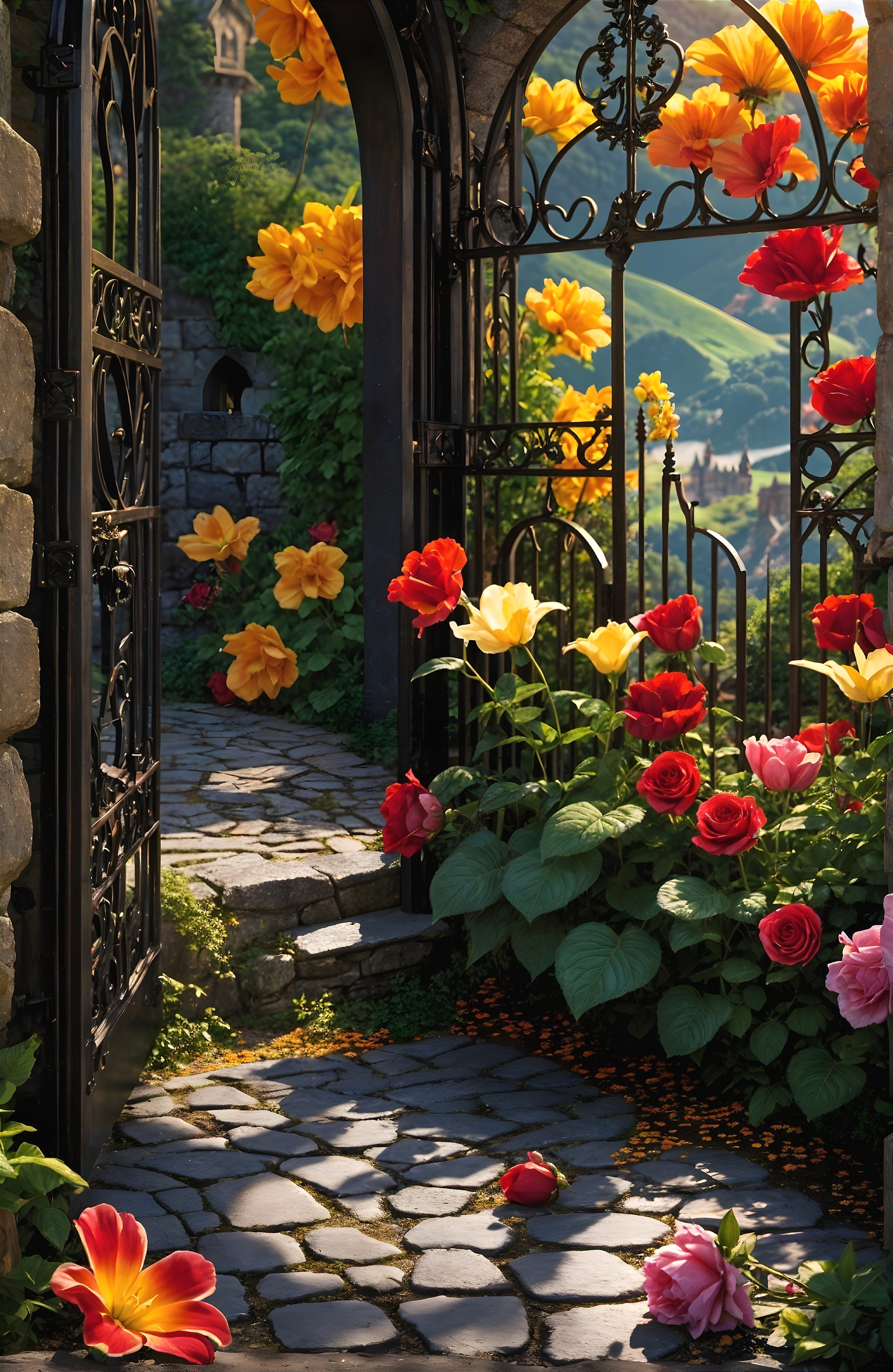 Vibrant Garden Scene Beyond an Ornate Iron Gate