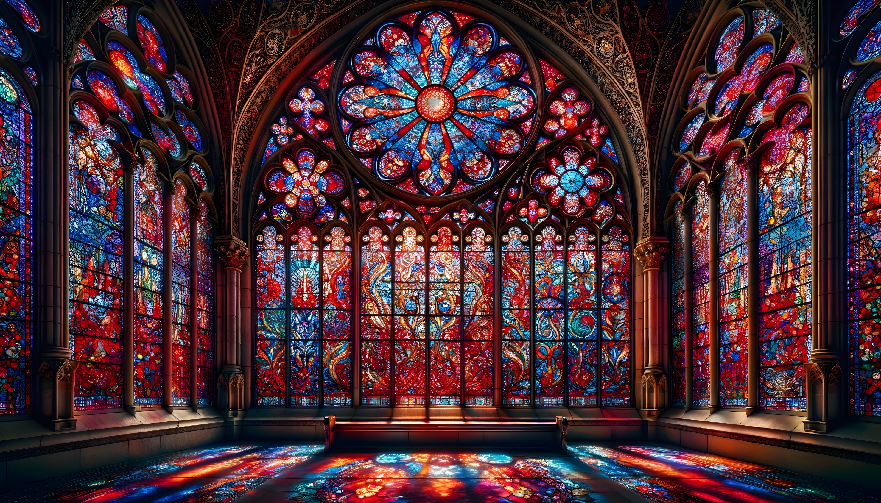 Colorful Gothic arch stained glass windows with intricate patterns and figures.