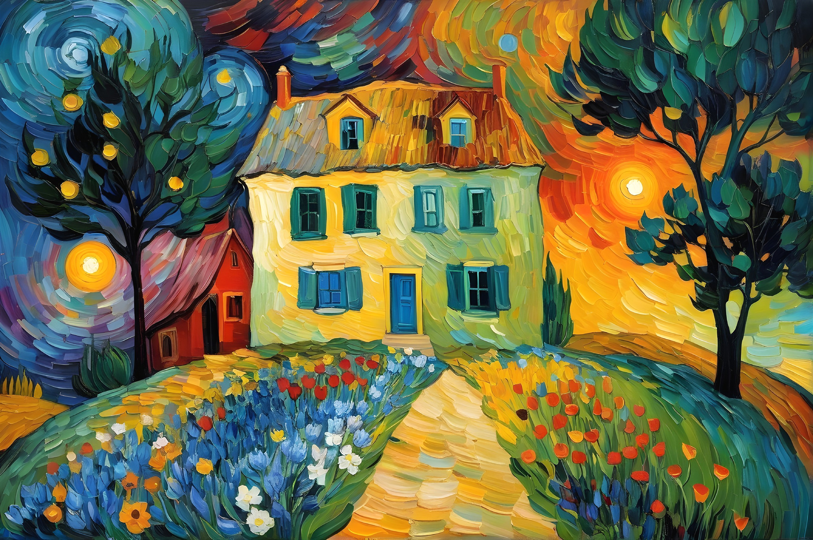 Vibrant Landscape with Yellow House and Colorful Gardens
