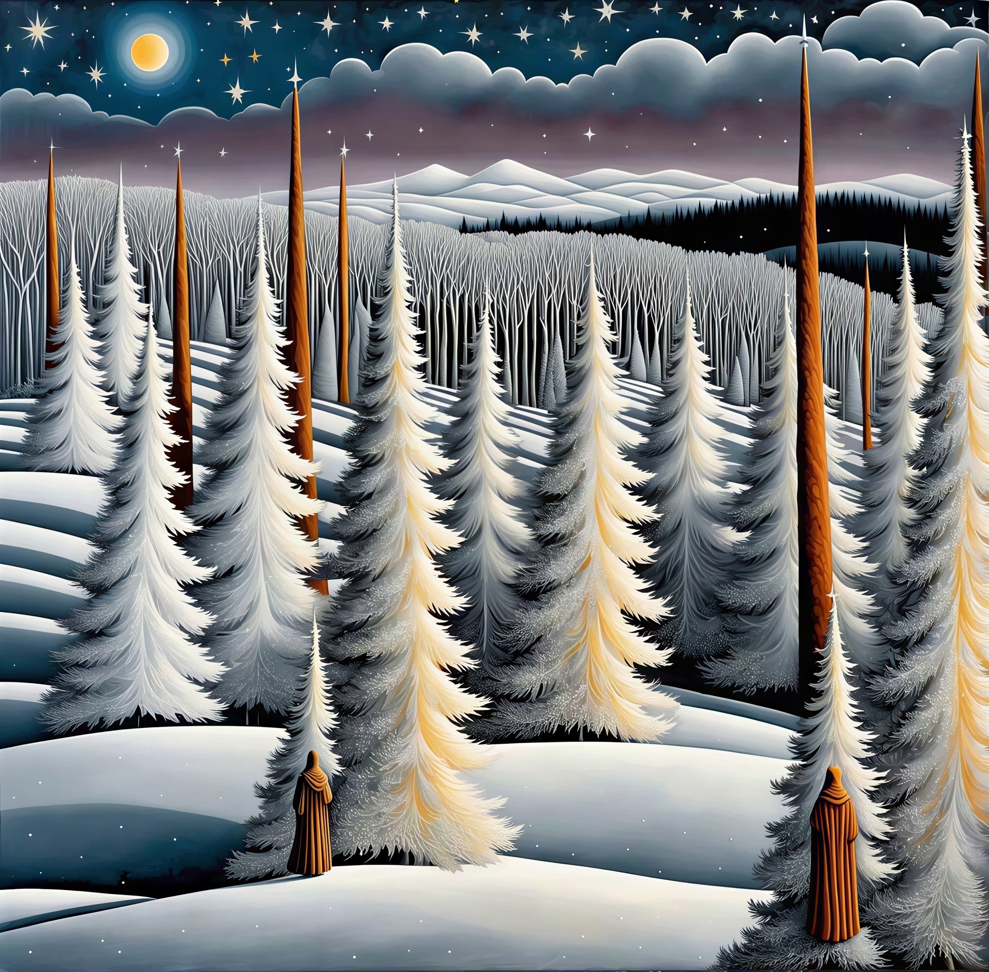 Monk in Brown Robe in Stylized Winter Landscape