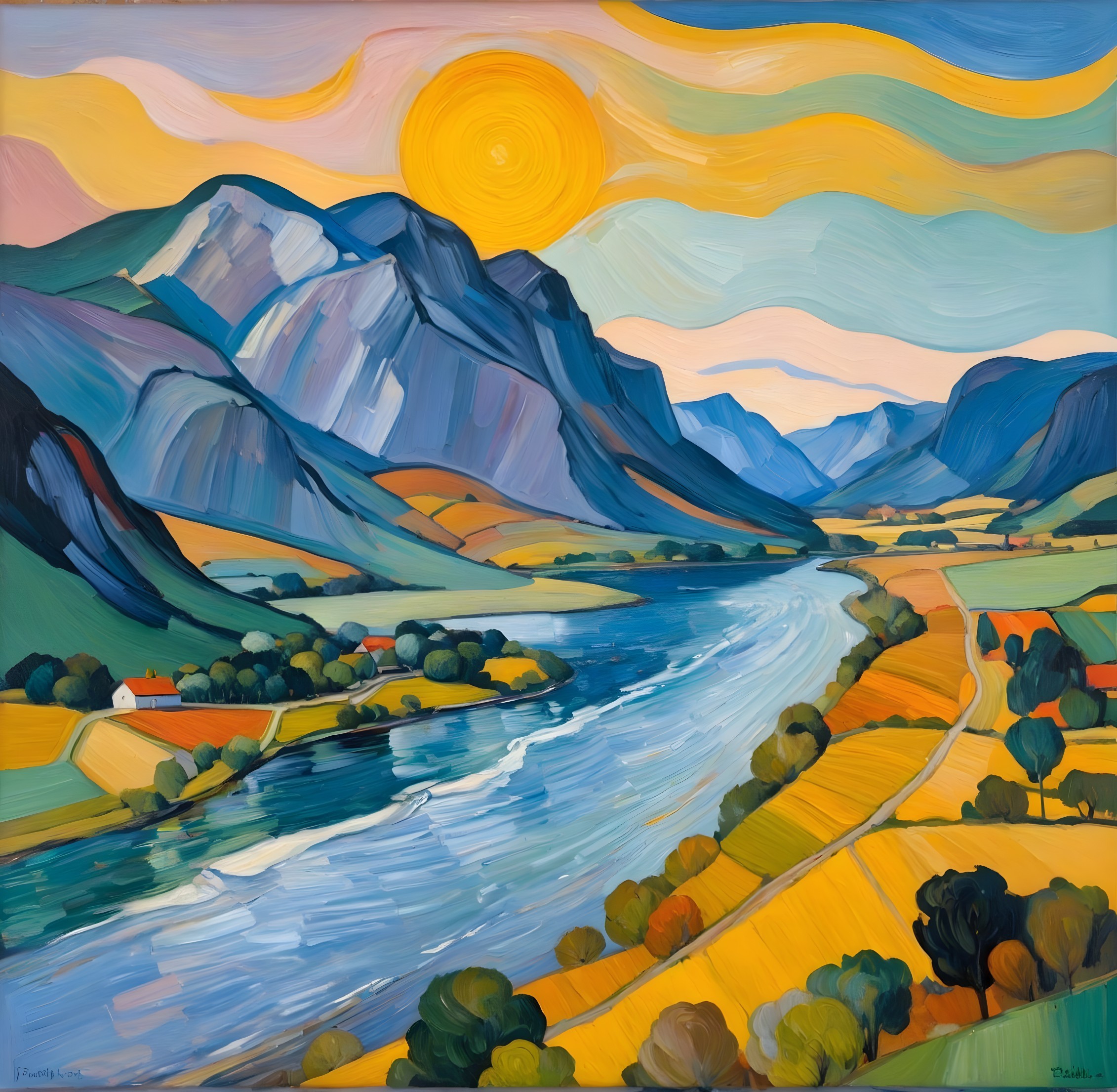 Vibrant Landscape with River and Majestic Mountains