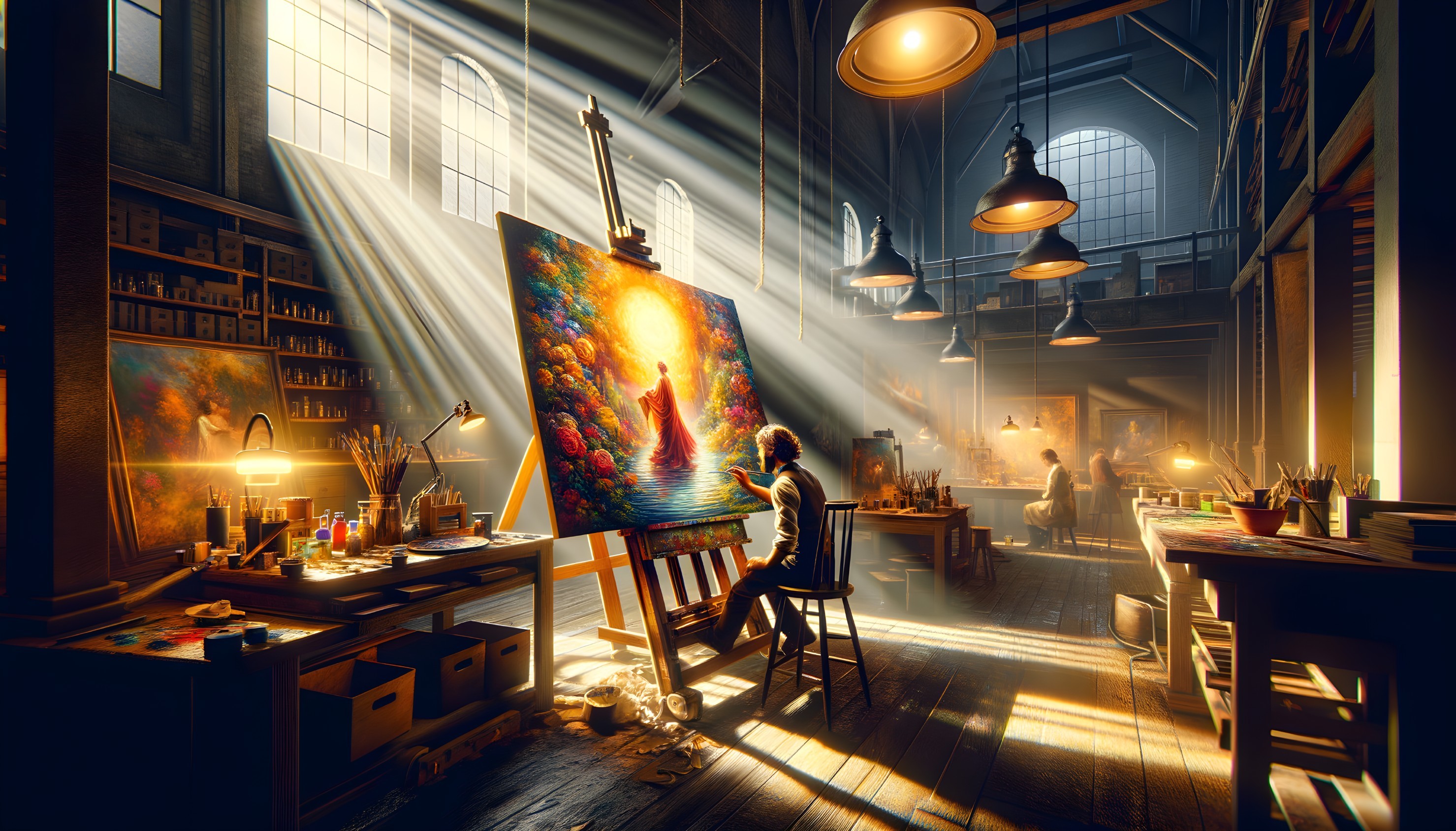 Artist painting in sunlit studio surrounded by art supplies