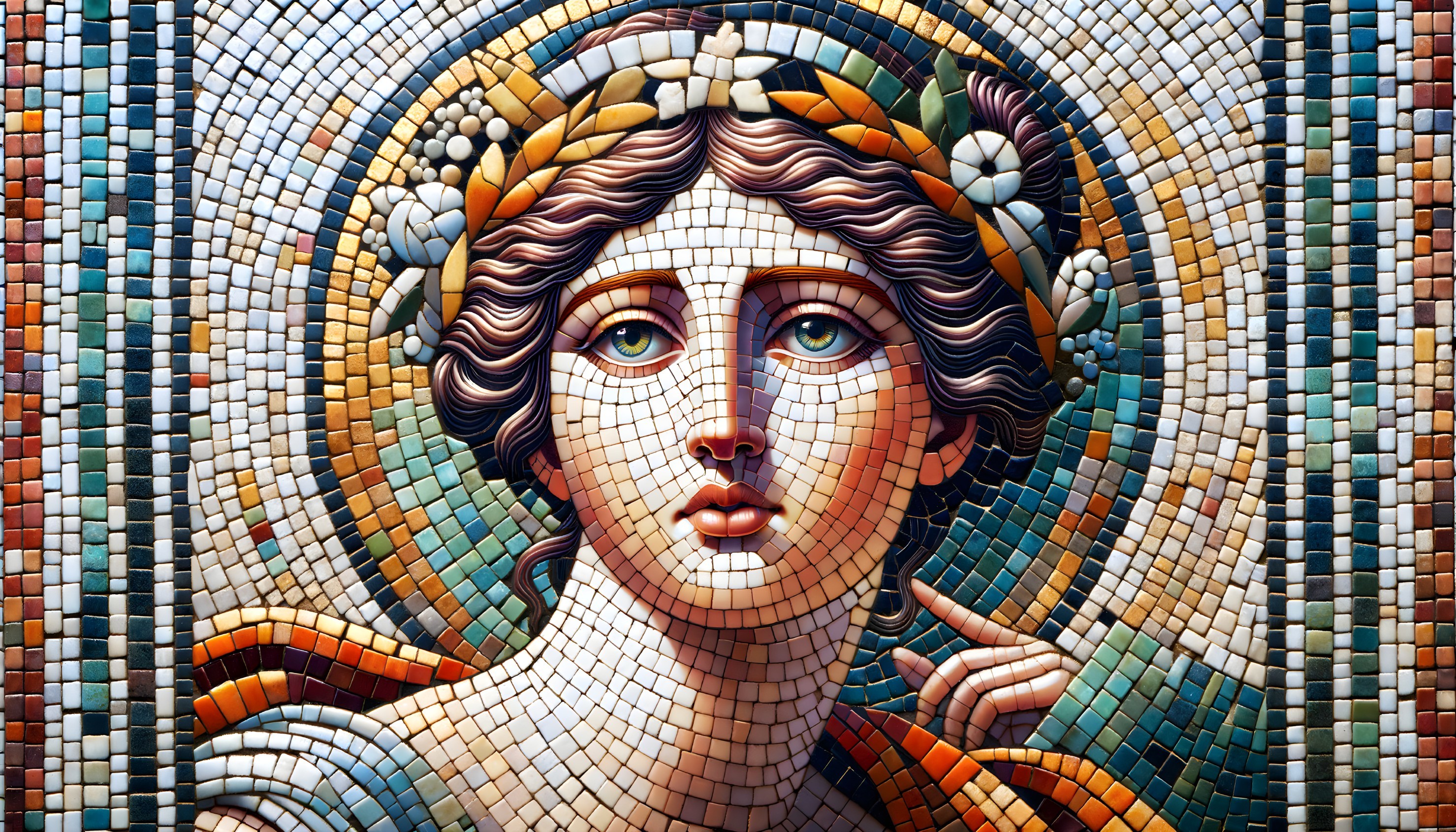 Colorful mosaic artwork of a woman with expressive eyes and leaf & fruit hair décor