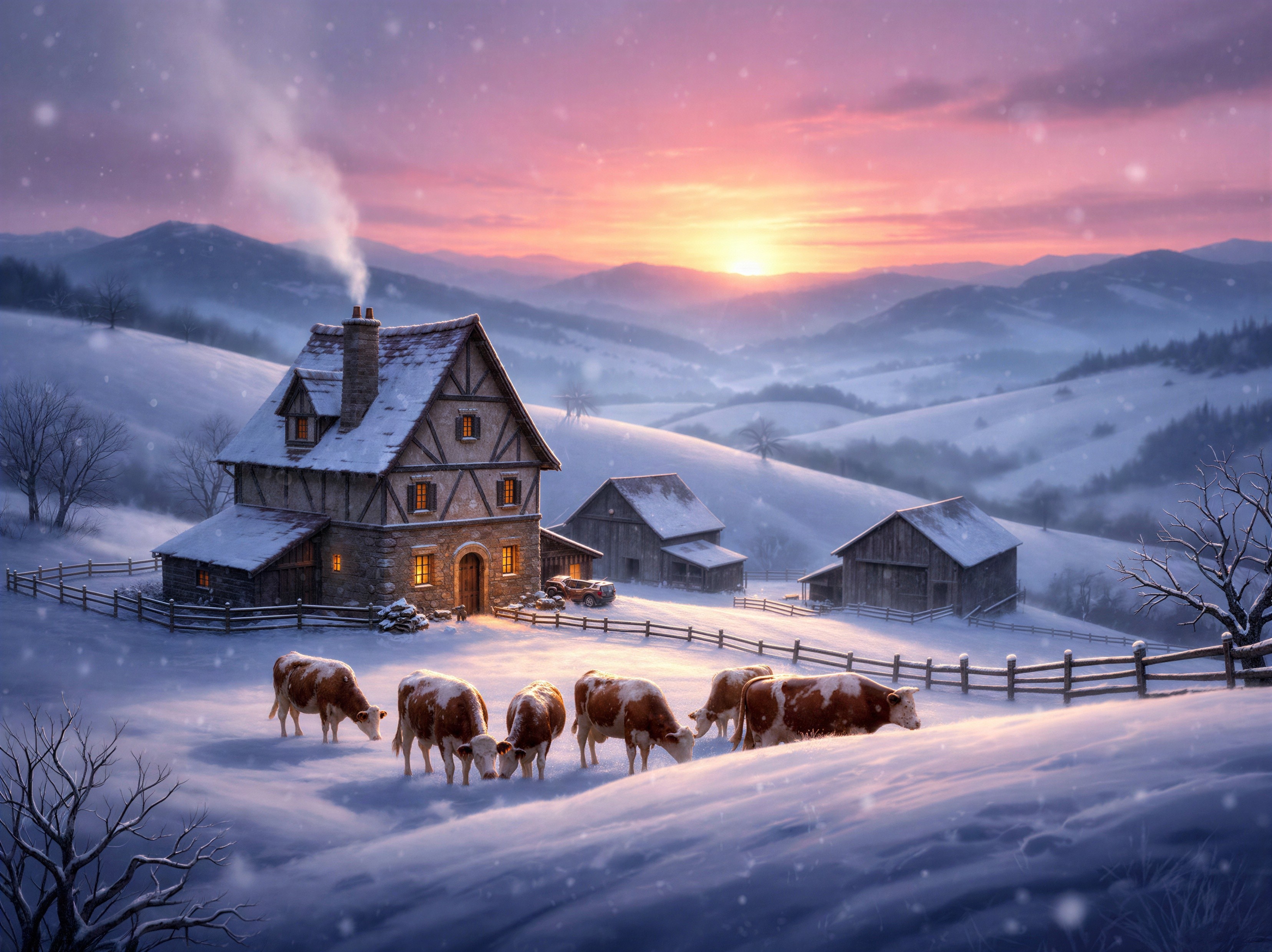 Winter Landscape with Cozy Stone House and Cows