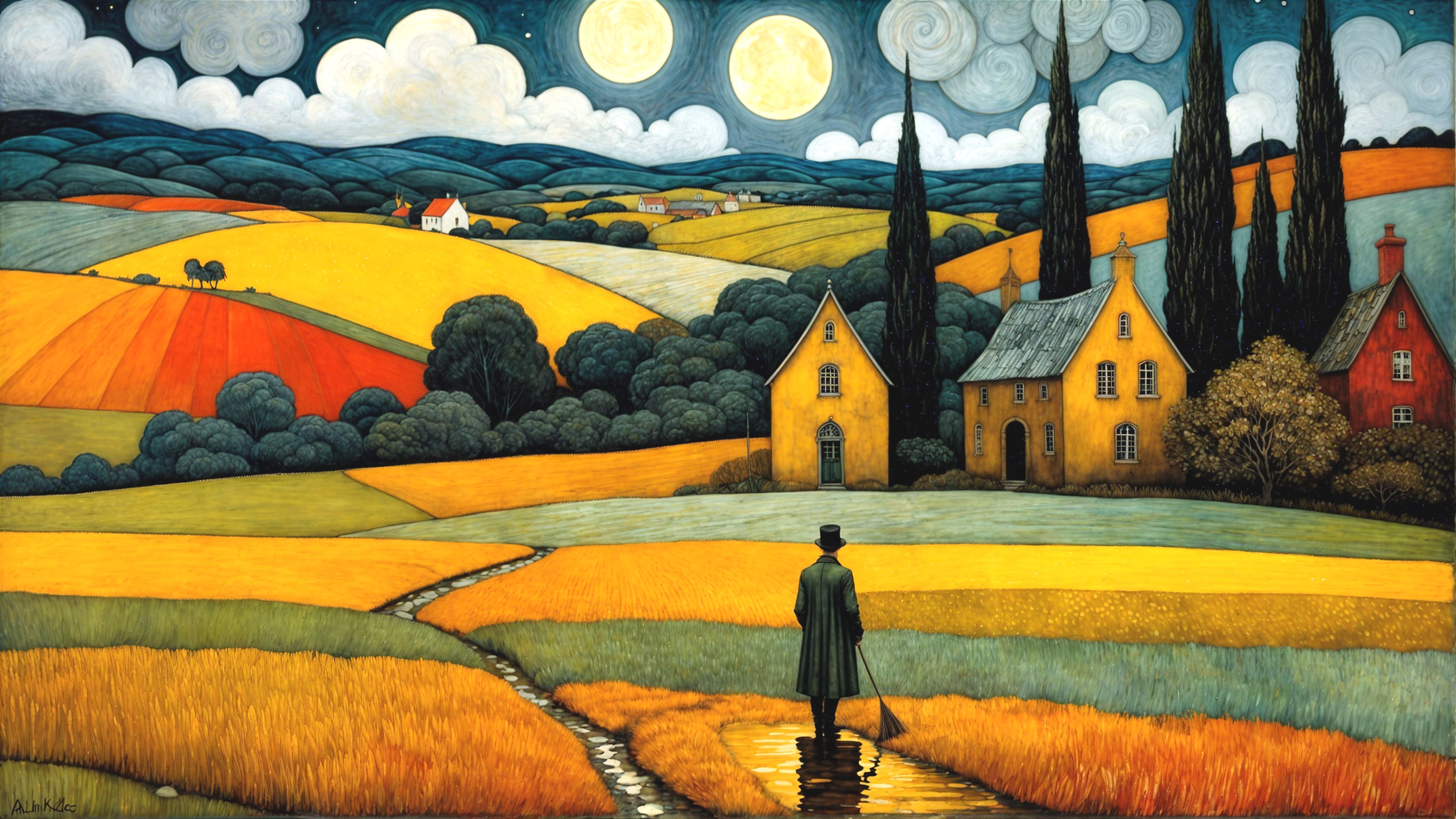 Vibrant Landscape with Moons and Whimsical Elements