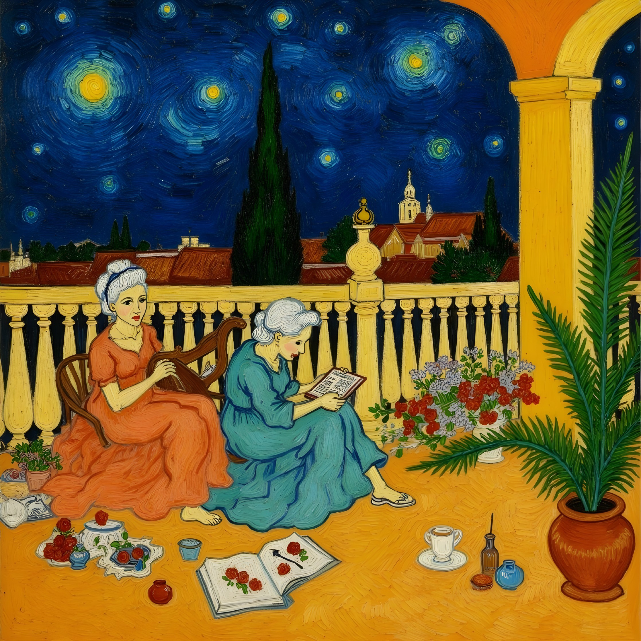 Women on Balcony with Starry Night Sky and Plants