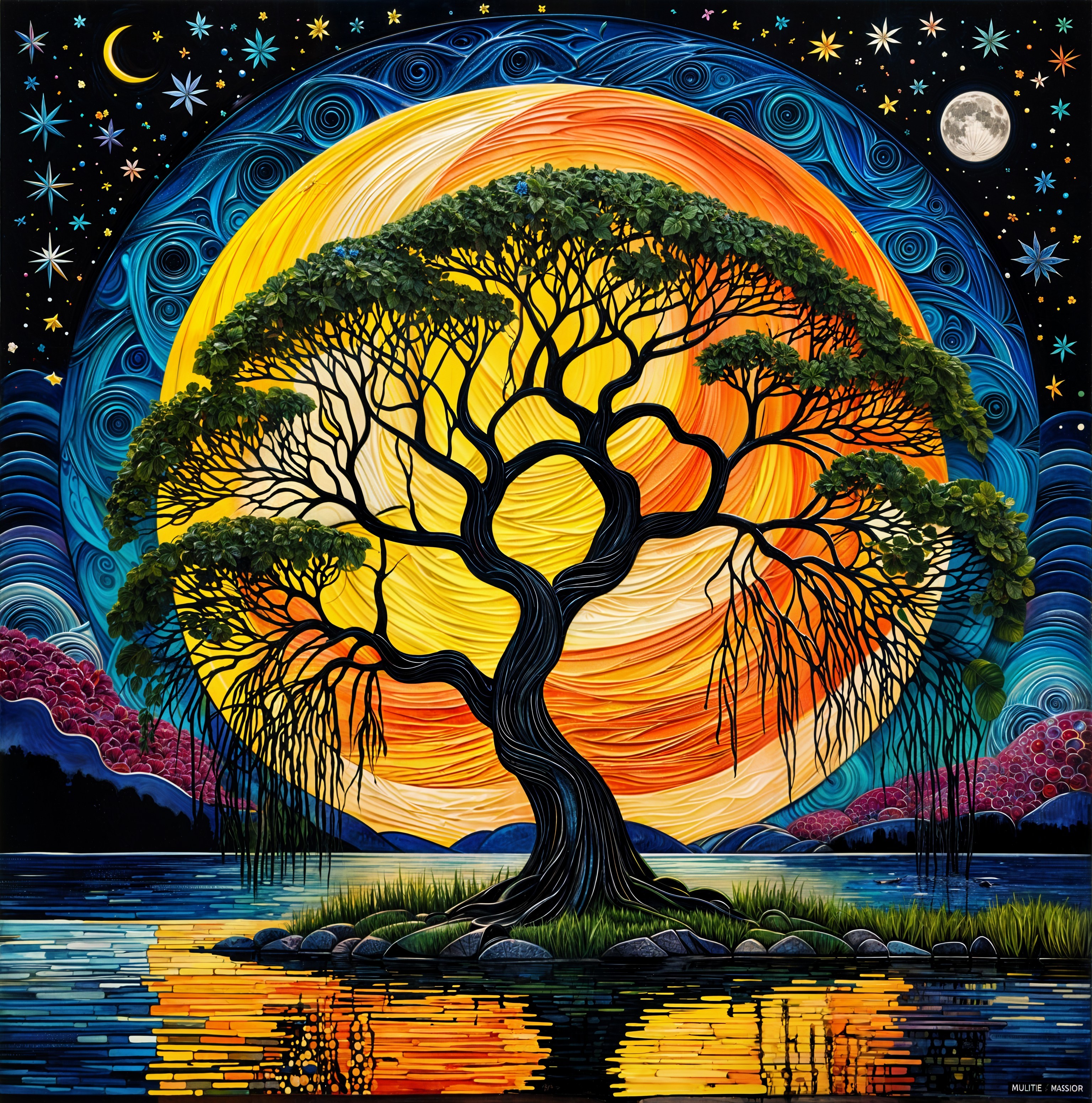 Willow tree under a starry sky 