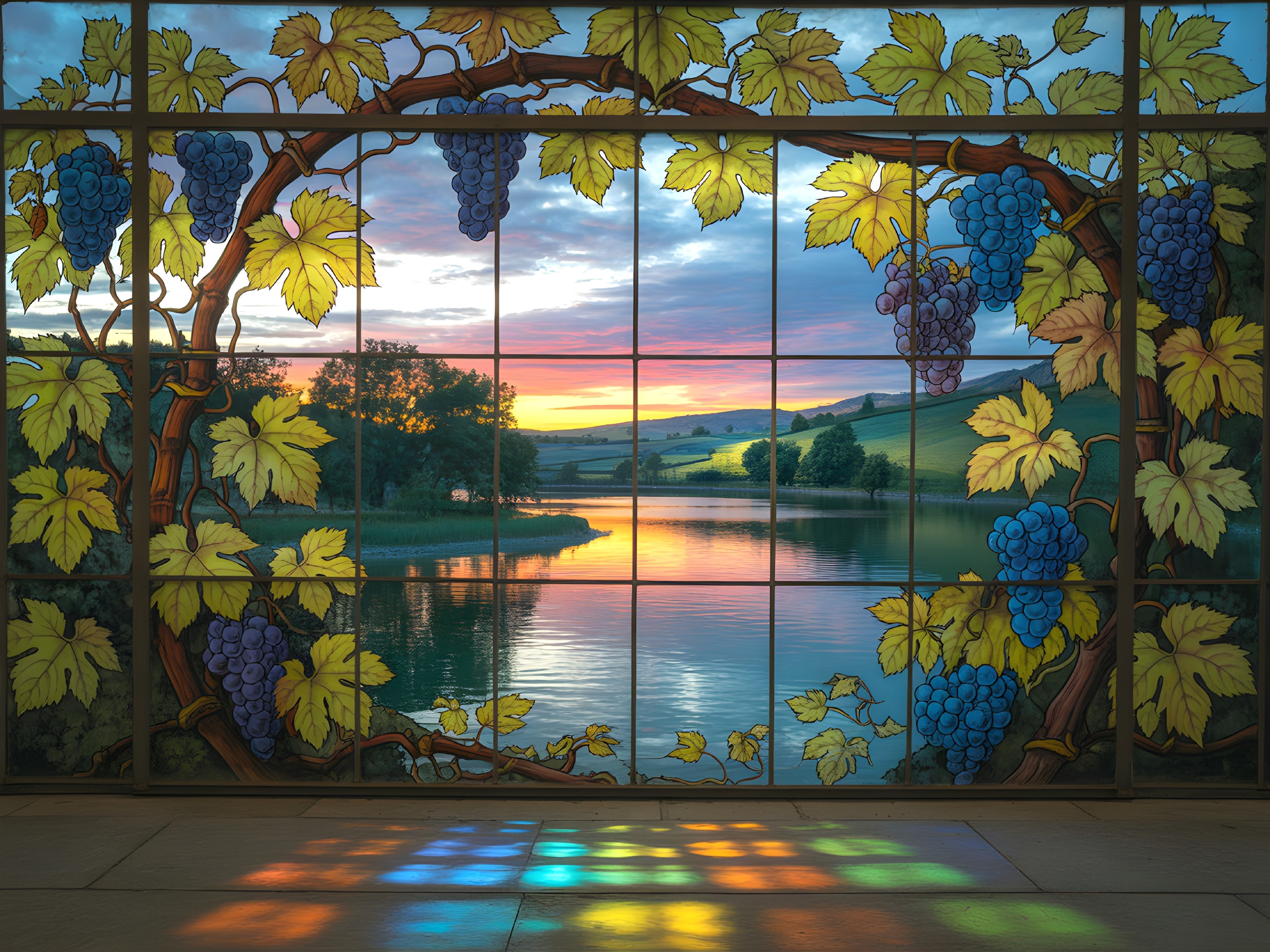 Stained Glass Window Depicting Sunset Over Lake