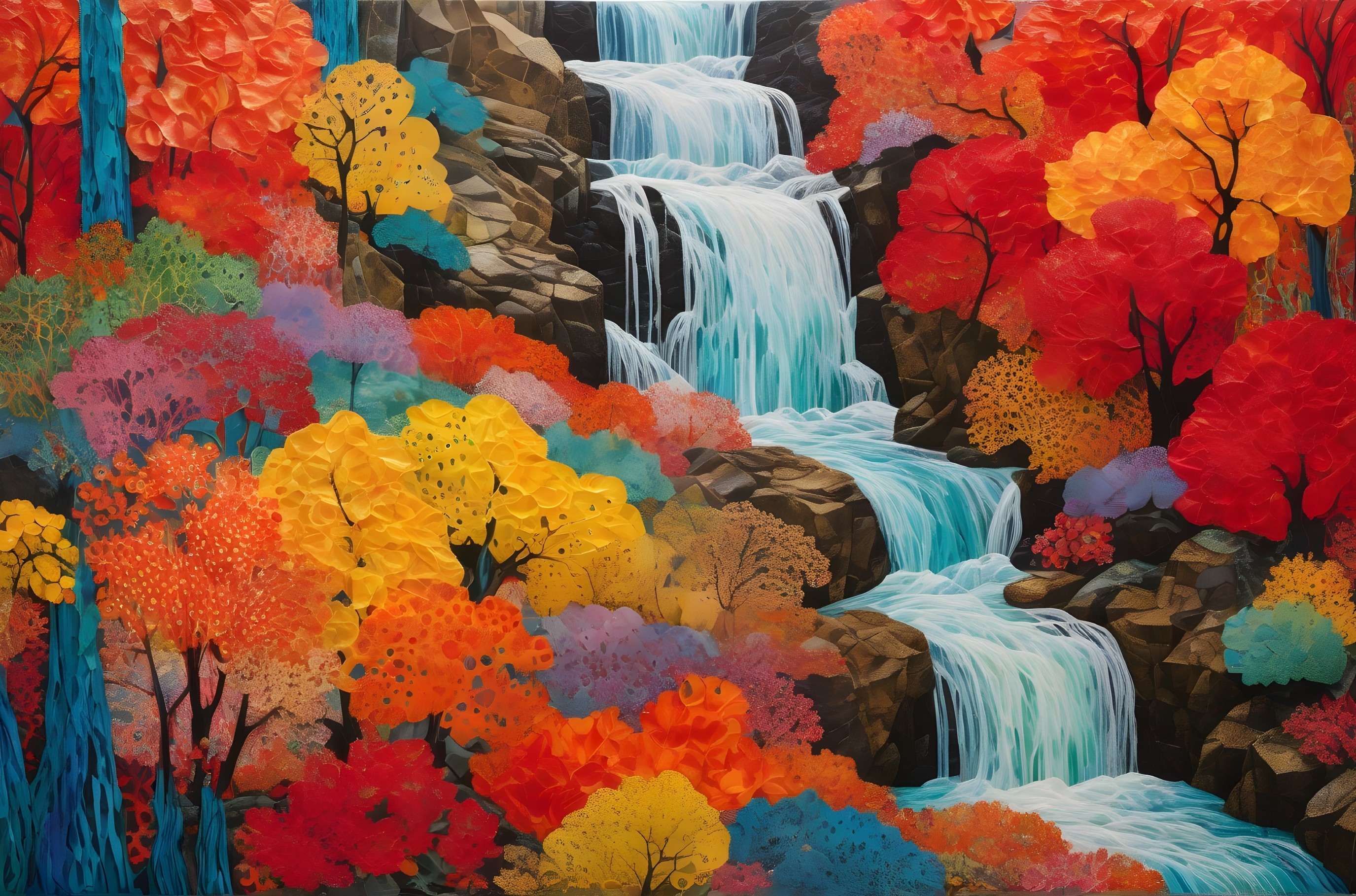 Vibrant Waterfall Surrounded by Colorful Autumn Trees