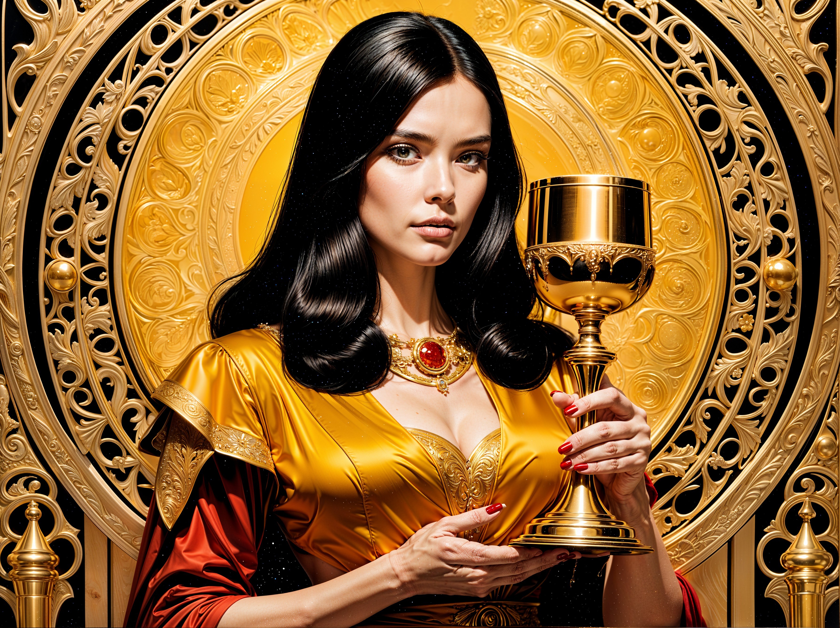 Regal woman with chalice in ornate gown and backdrop