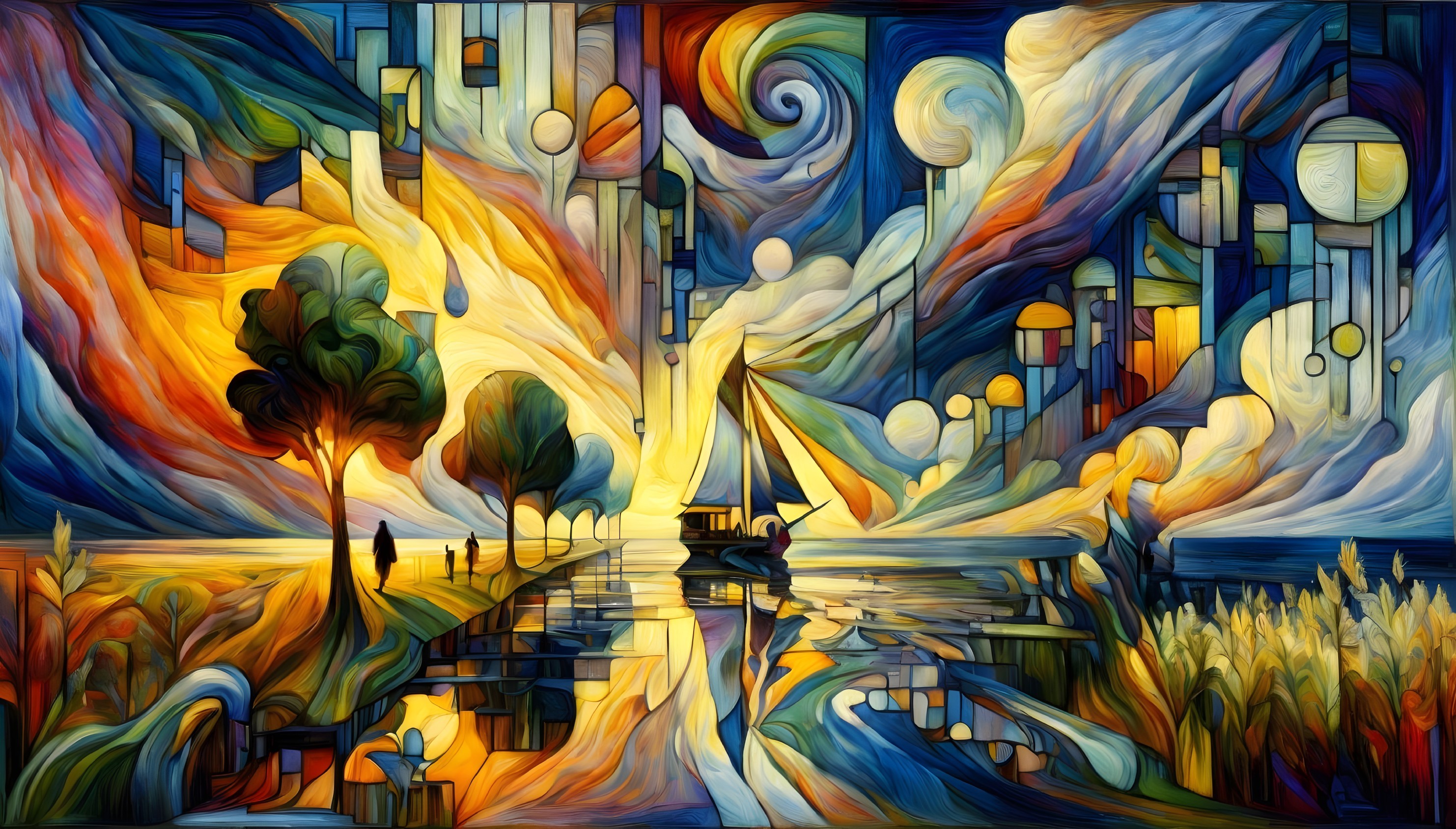 Vibrant Abstract Landscape with Sailboat and Colors
