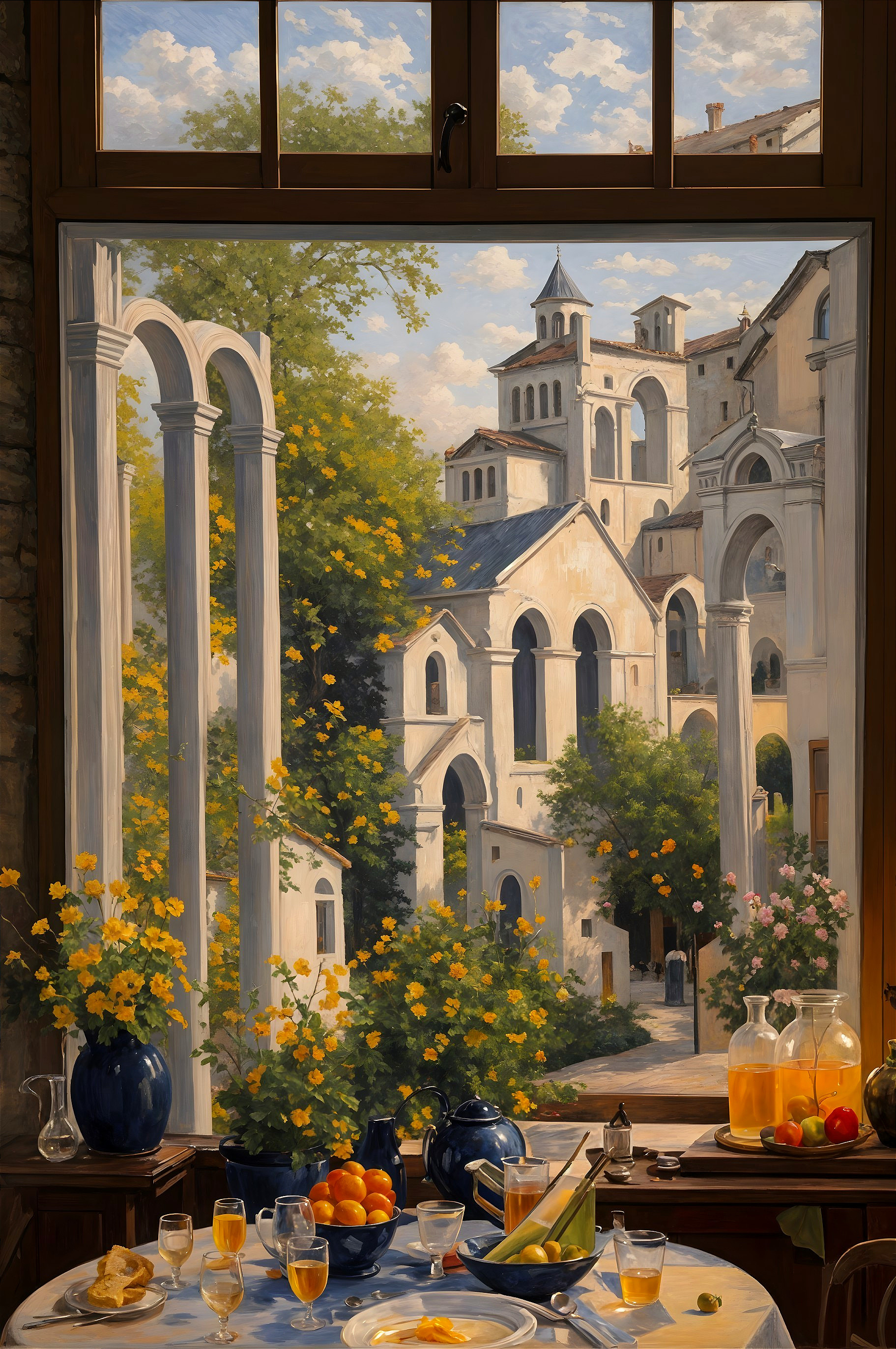 Serene Interior View with Vibrant Courtyard and Sunlight