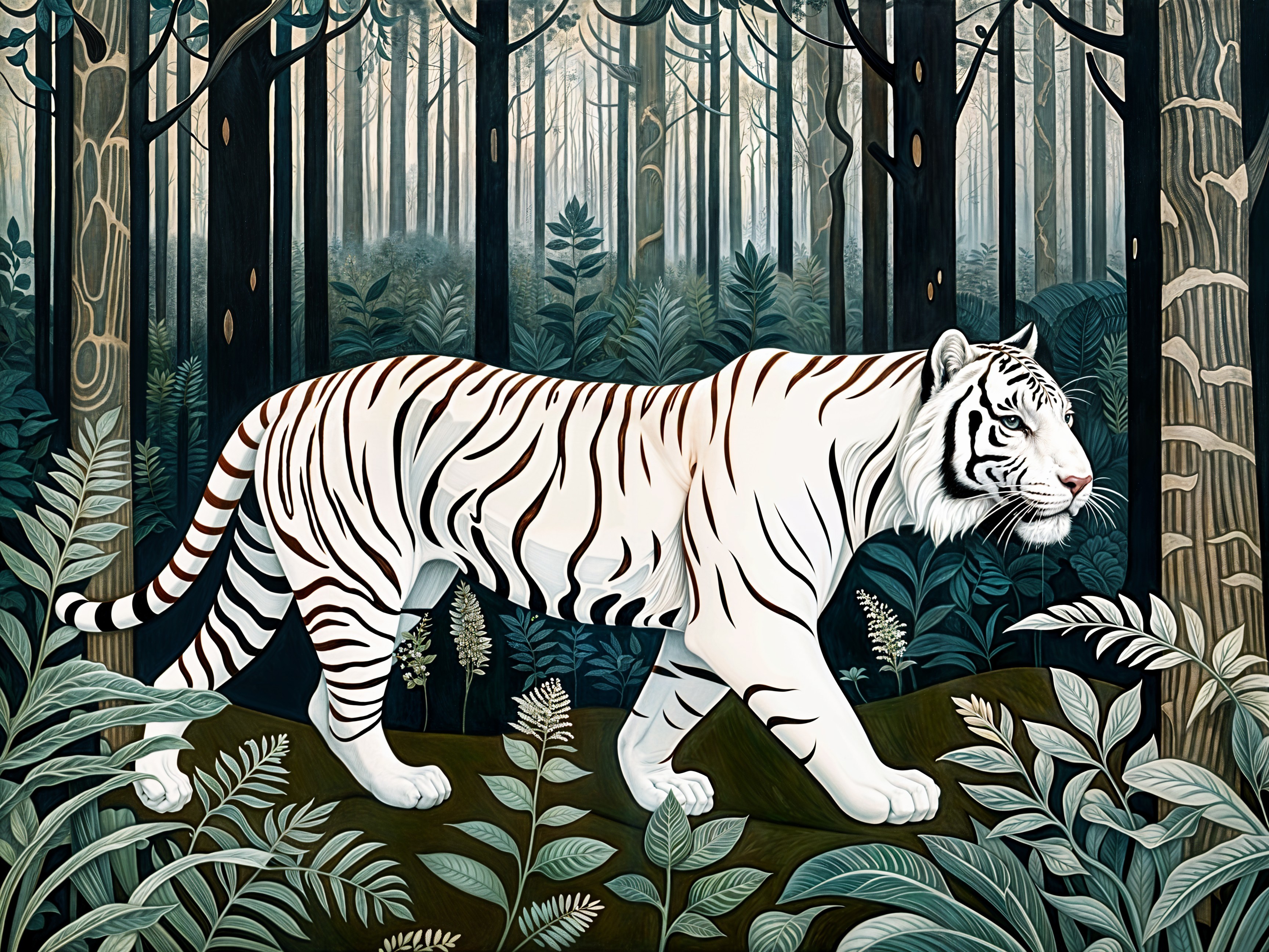 Majestic white tiger in a lush forest setting