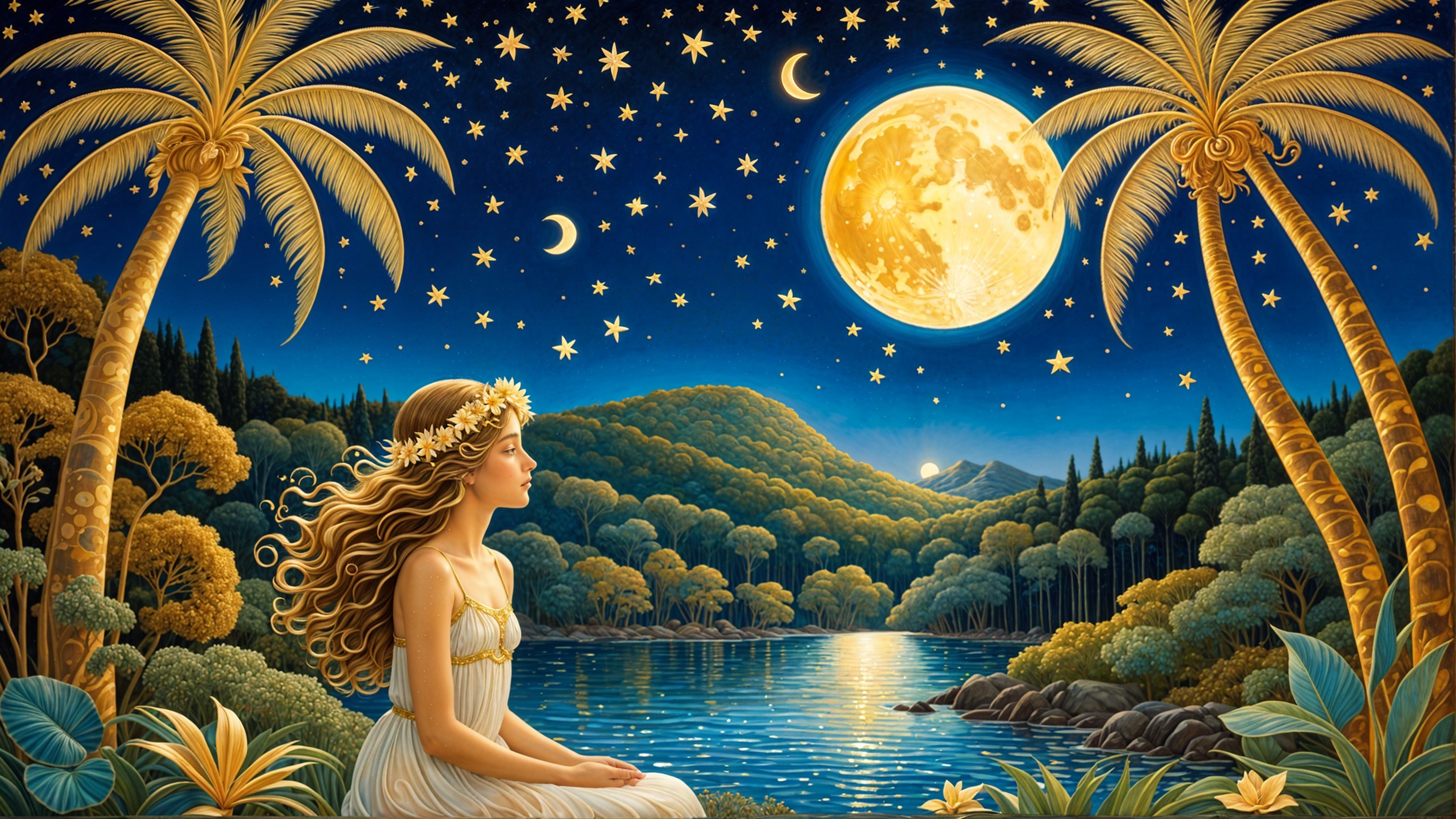 Young Woman by Tranquil Lake Under Starry Sky
