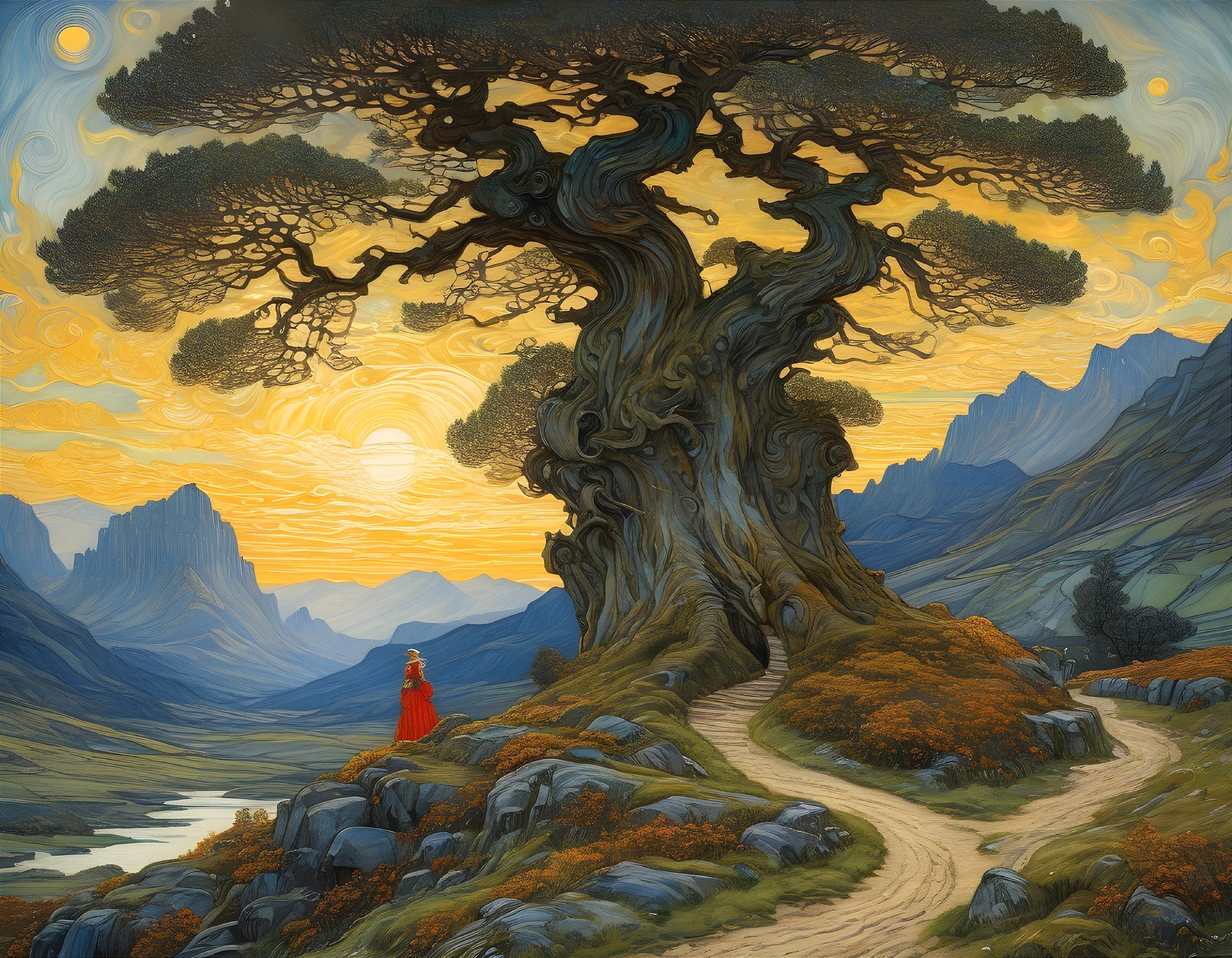 Majestic Ancient Tree at Sunset with Figure and Landscape