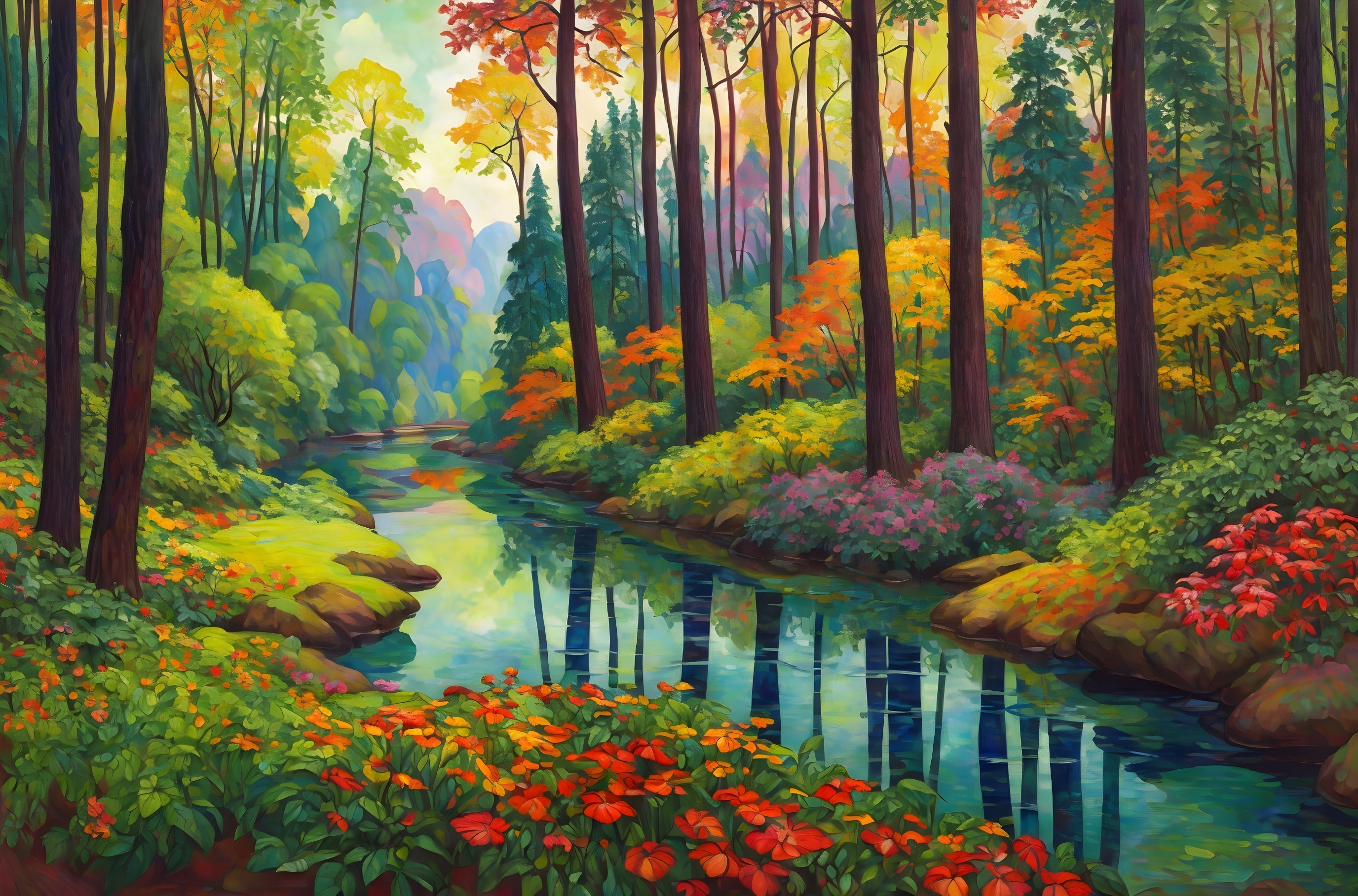Autumn Woodland Scene with Colorful Leaves and Stream
