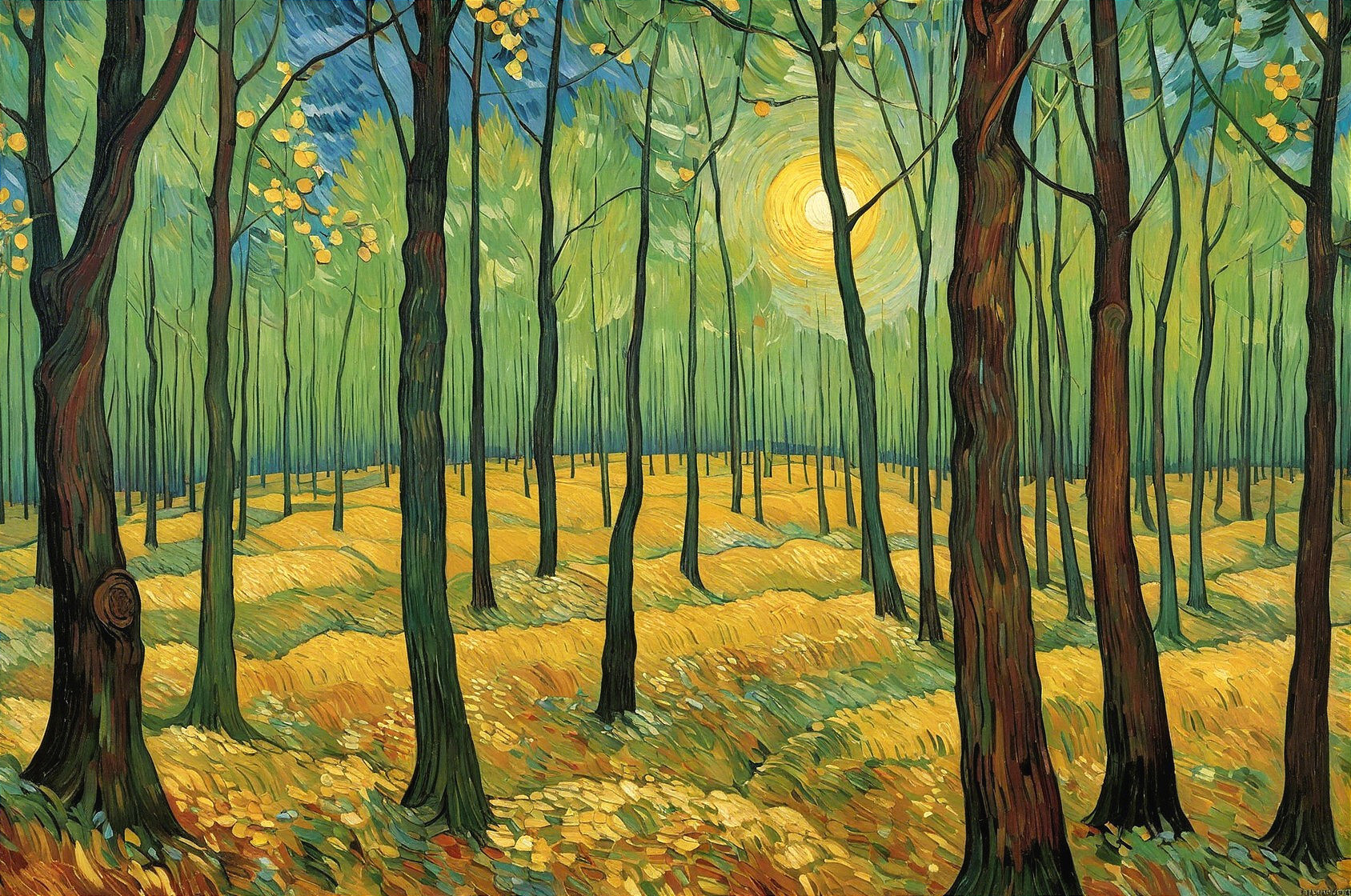 Vibrant Forest Landscape with Tall Trees and Sunlight