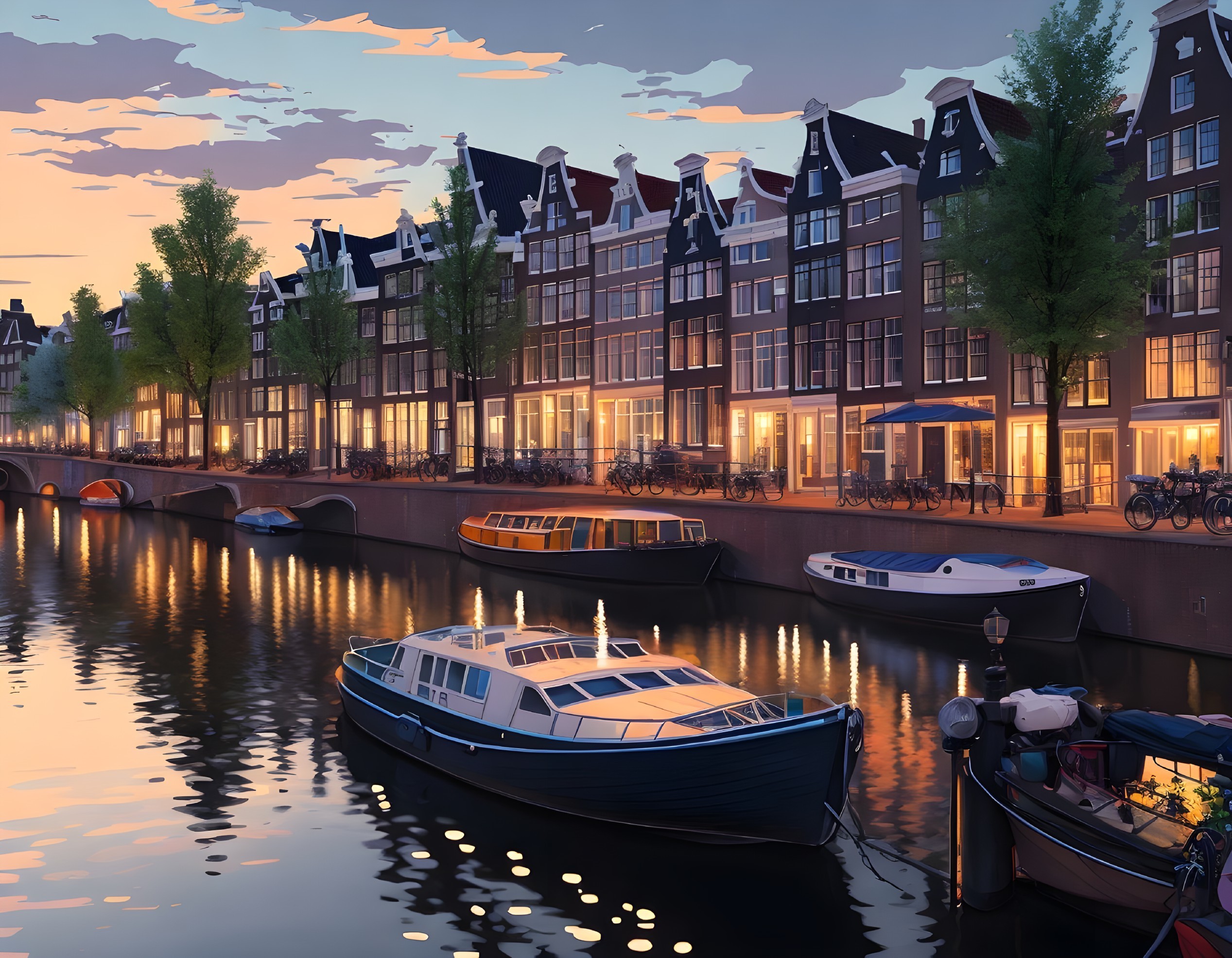 Amsterdam canal at dusk with boats, bicycles, and Dutch houses