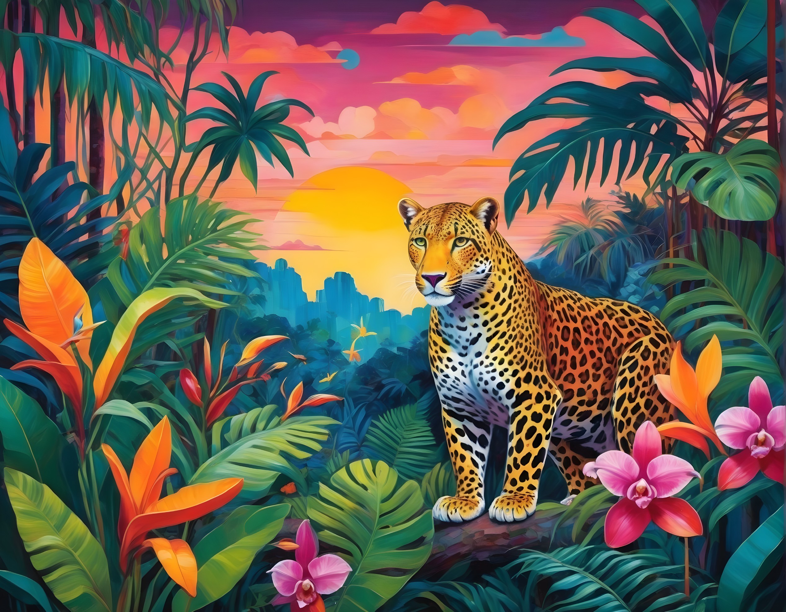 Vibrant jungle scene with leopard in sunset setting