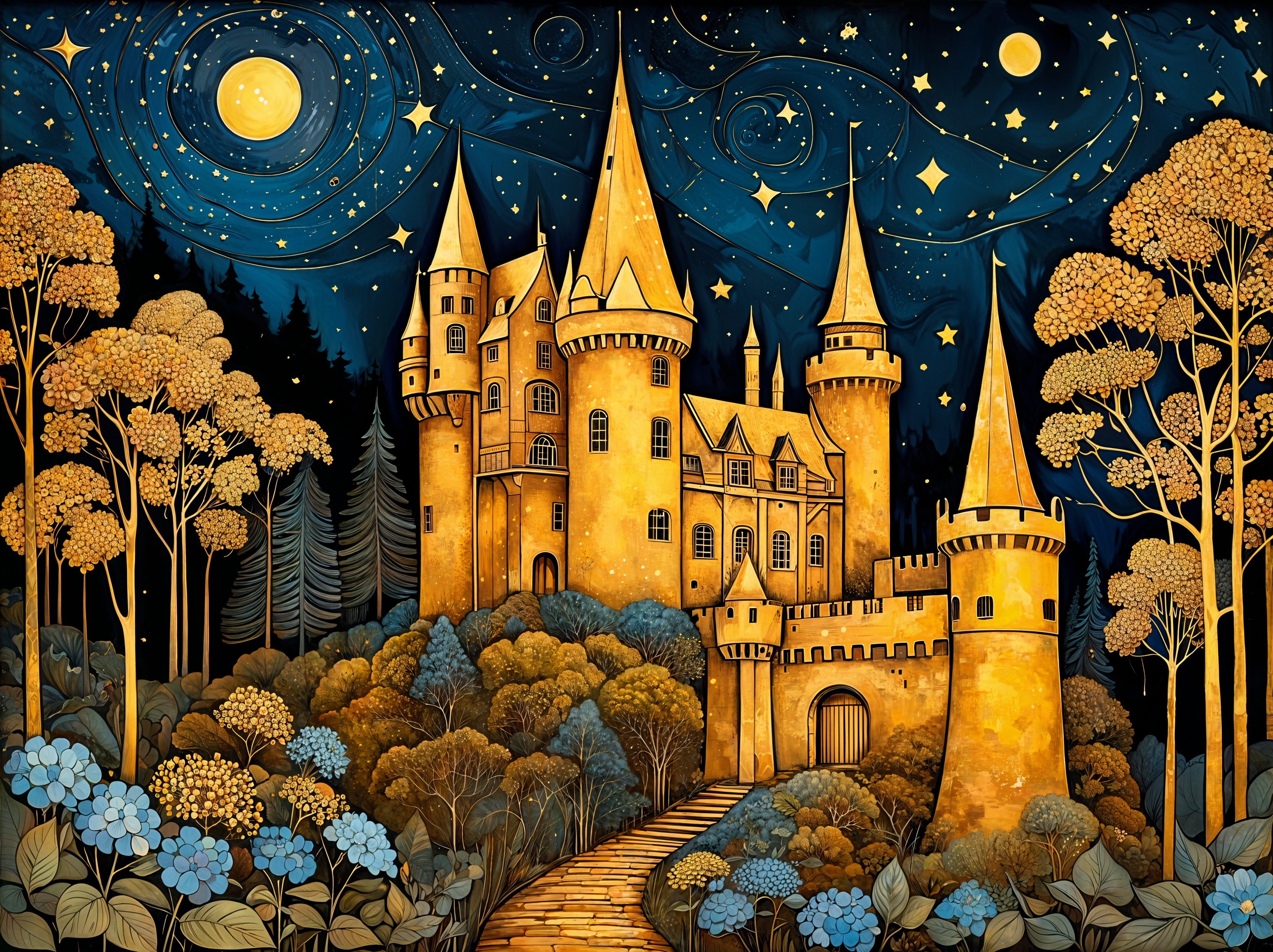 Golden Castle Surrounded by Vibrant Forest at Night