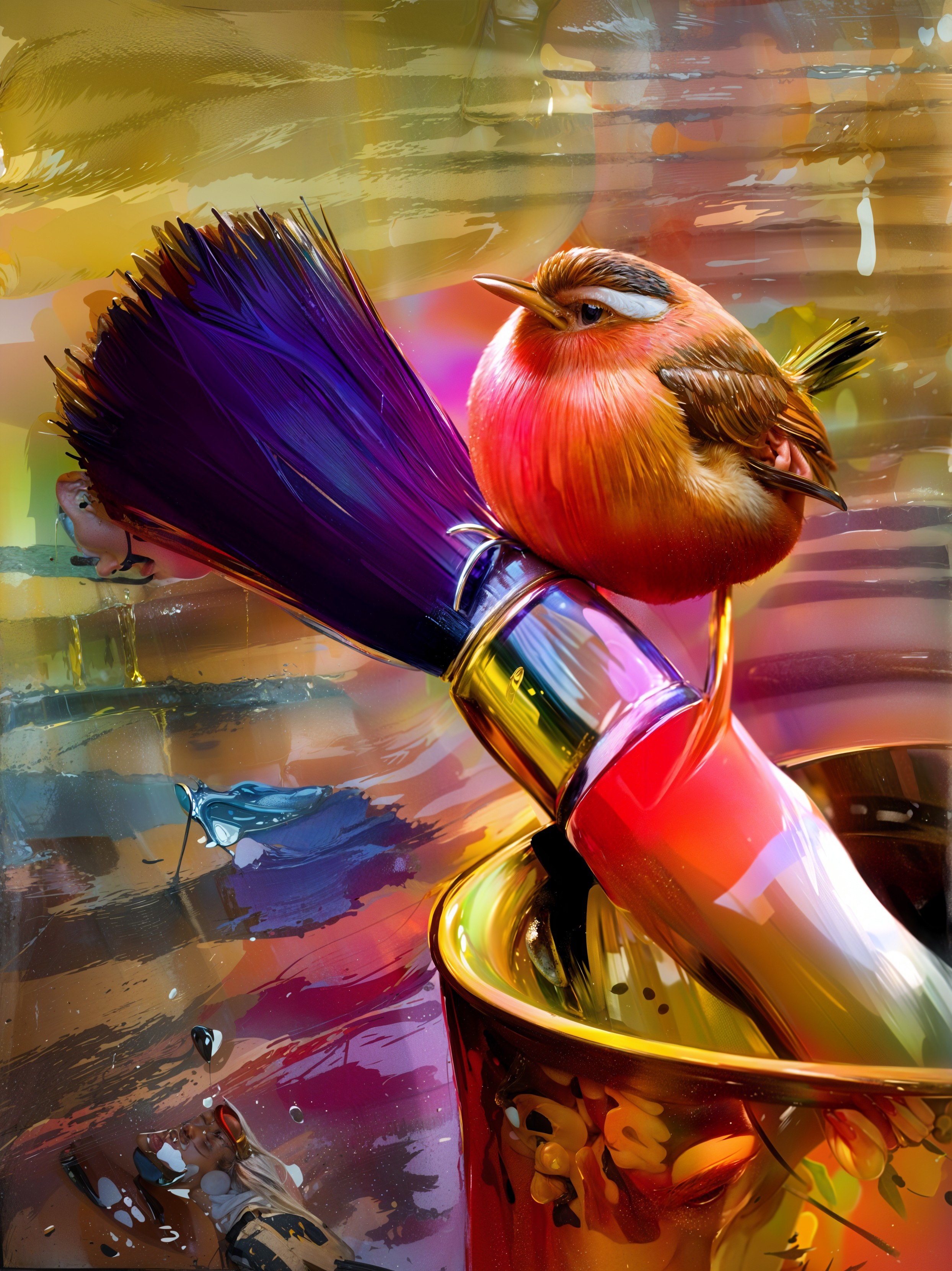 Vibrant Bird on Paintbrush in Colorful Setting