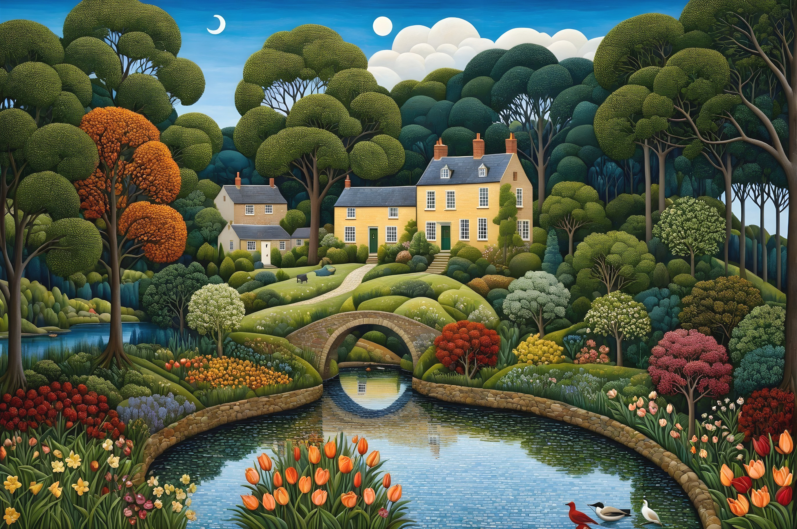 Vibrant Countryside Scene with Yellow House and River