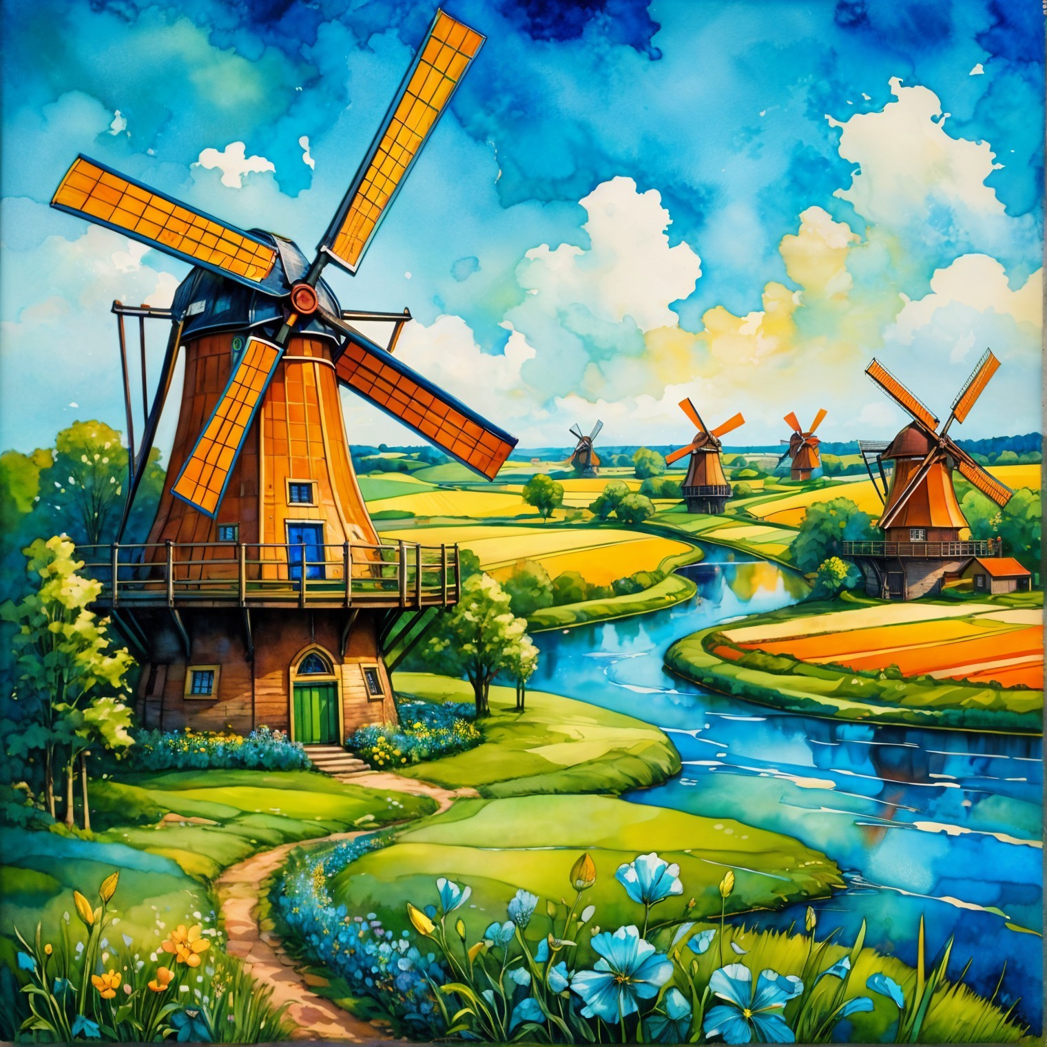 Vibrant Windmills and Lush Countryside Landscape