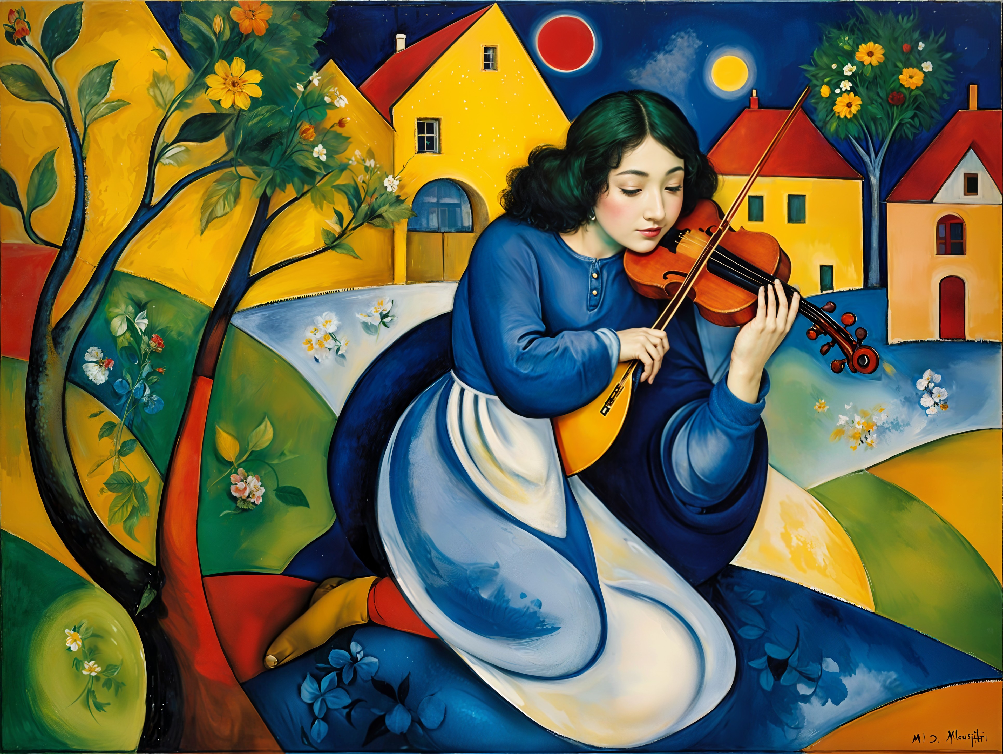Young Woman in Blue Dress Playing Violin on Hillside