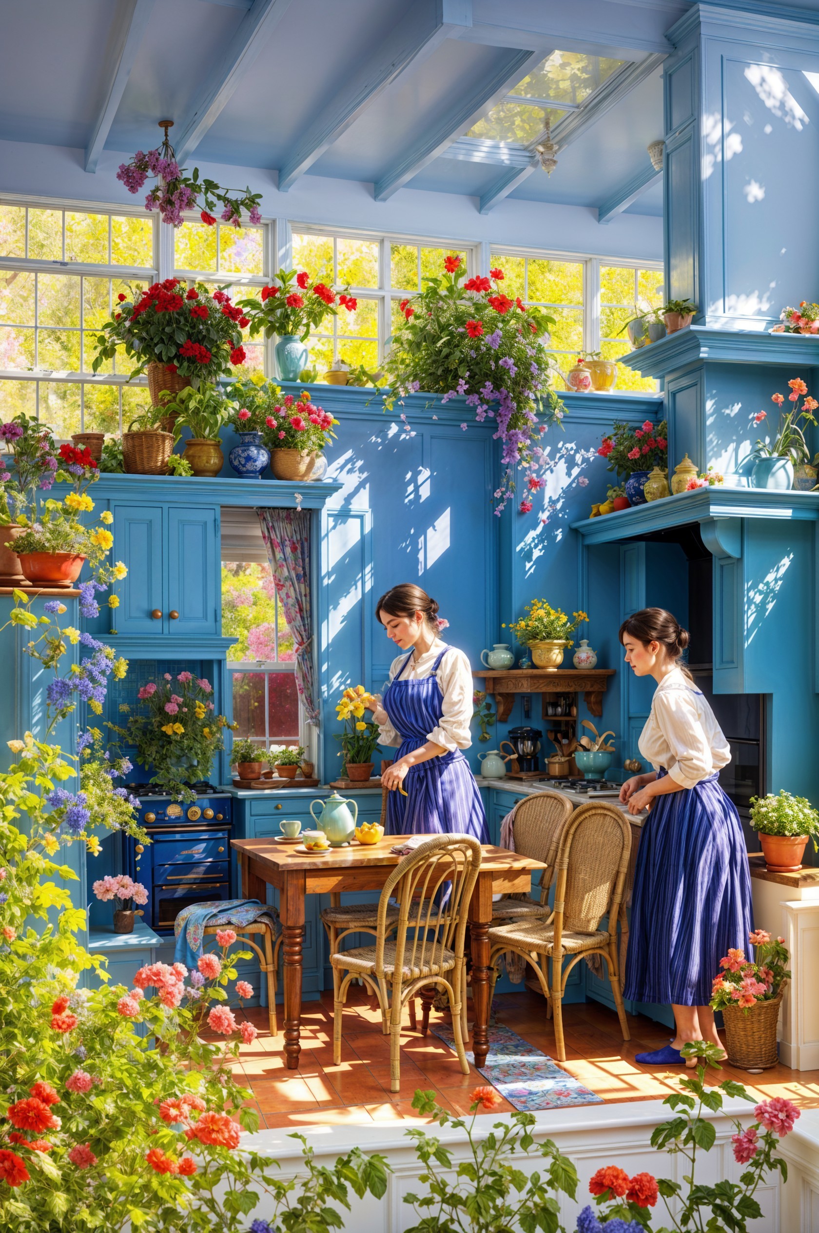 Charming kitchen with flowers, blue cabinetry, and sunlight