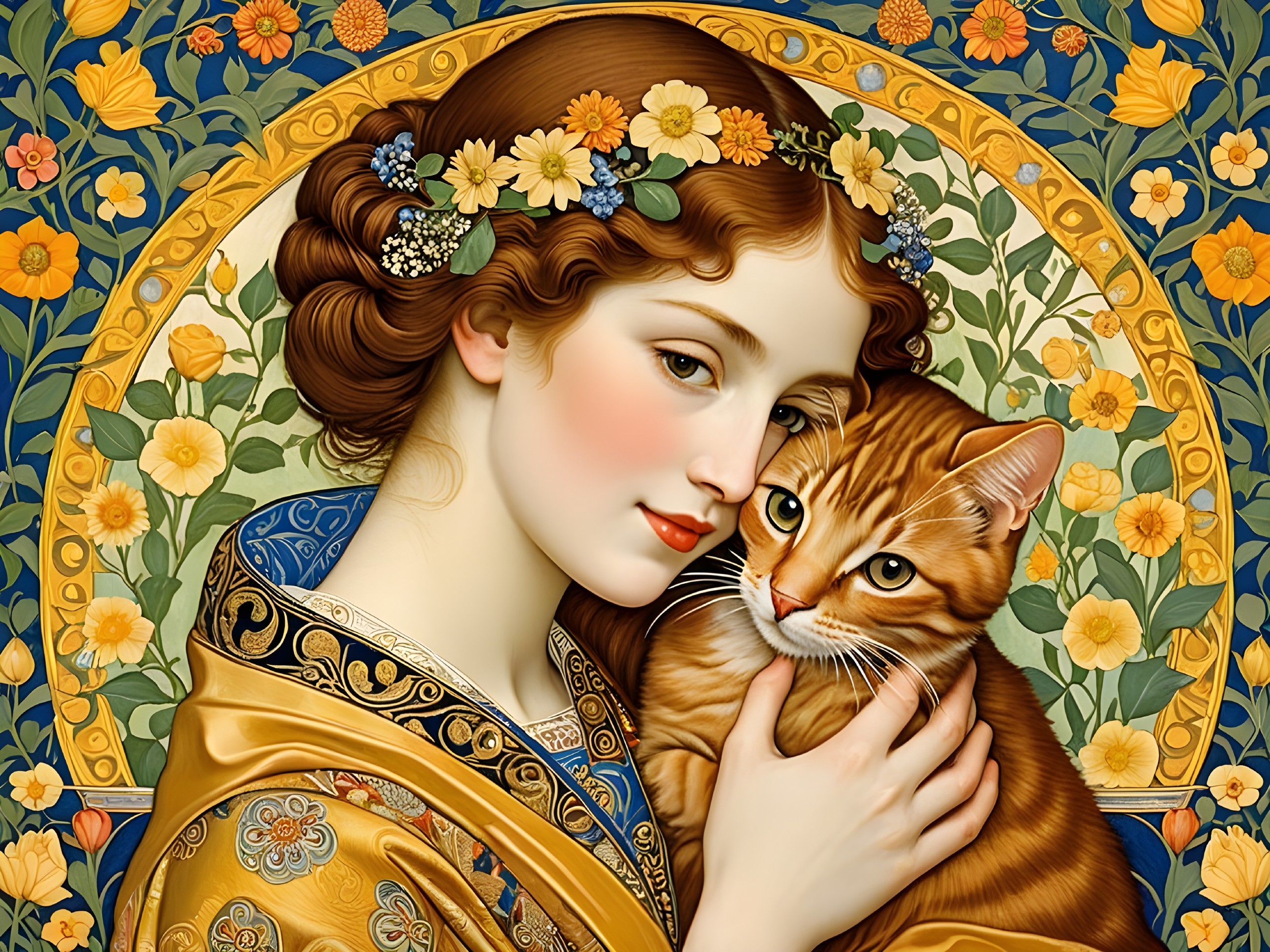 Young woman in golden robe with ginger cat and flowers