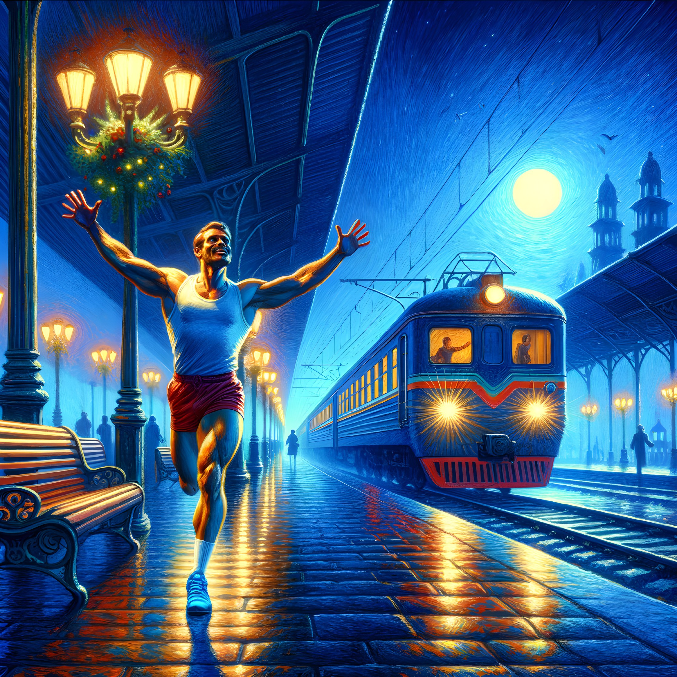 Muscular Man Running on Festive Train Platform at Night