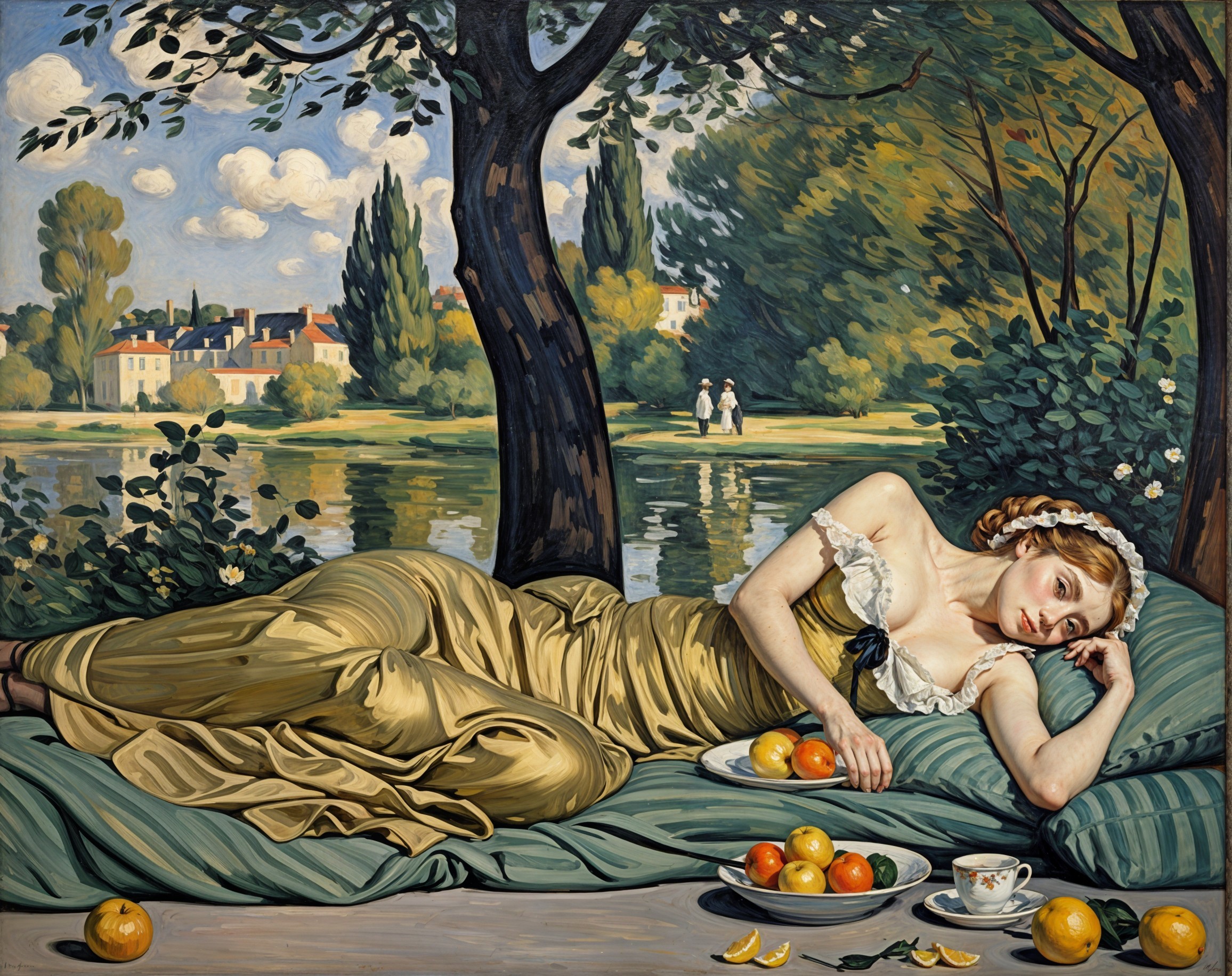 Woman in Yellow Gown by Serene Lake with Oranges