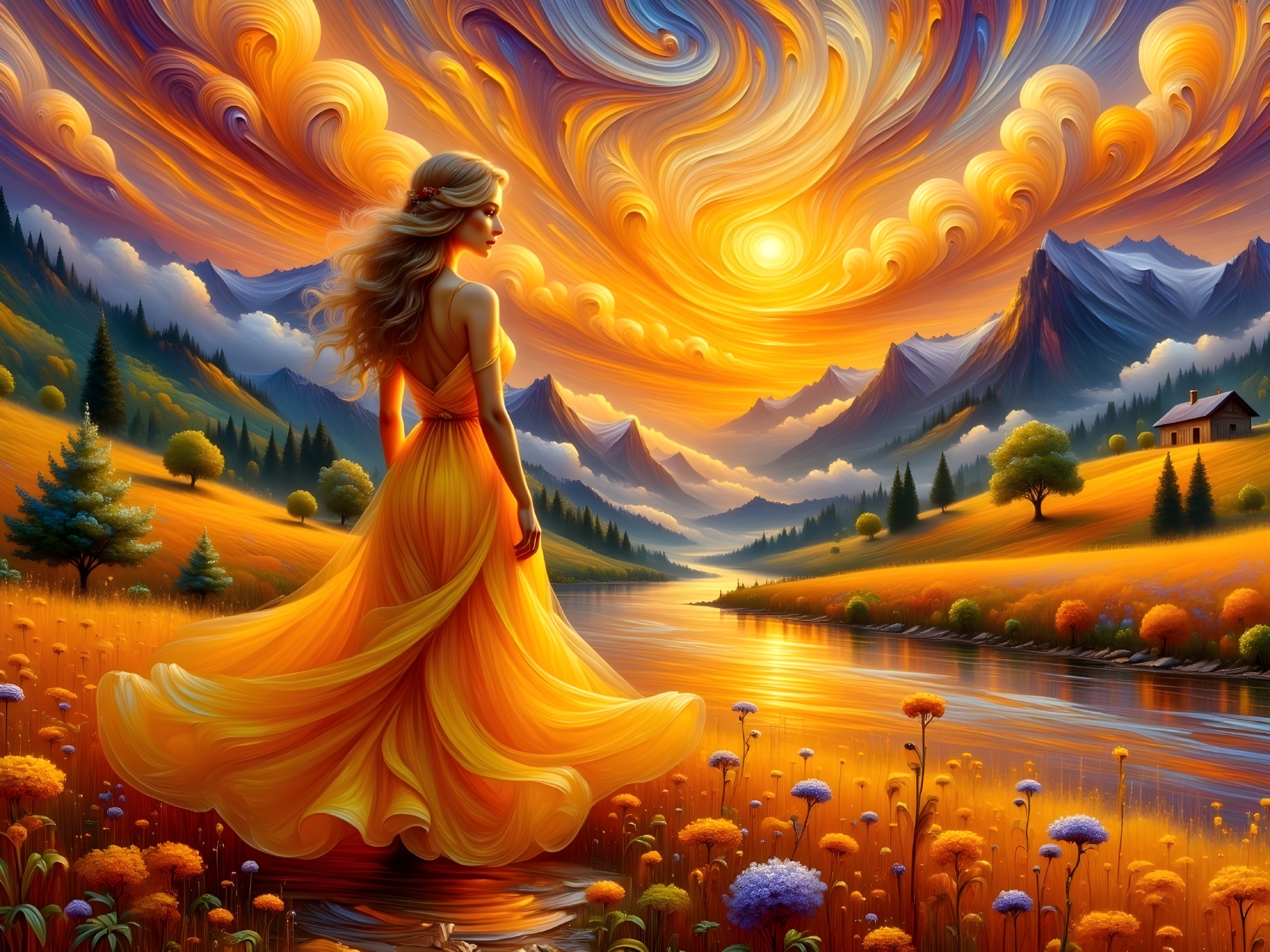 Woman in Yellow Dress by Tranquil River at Sunset