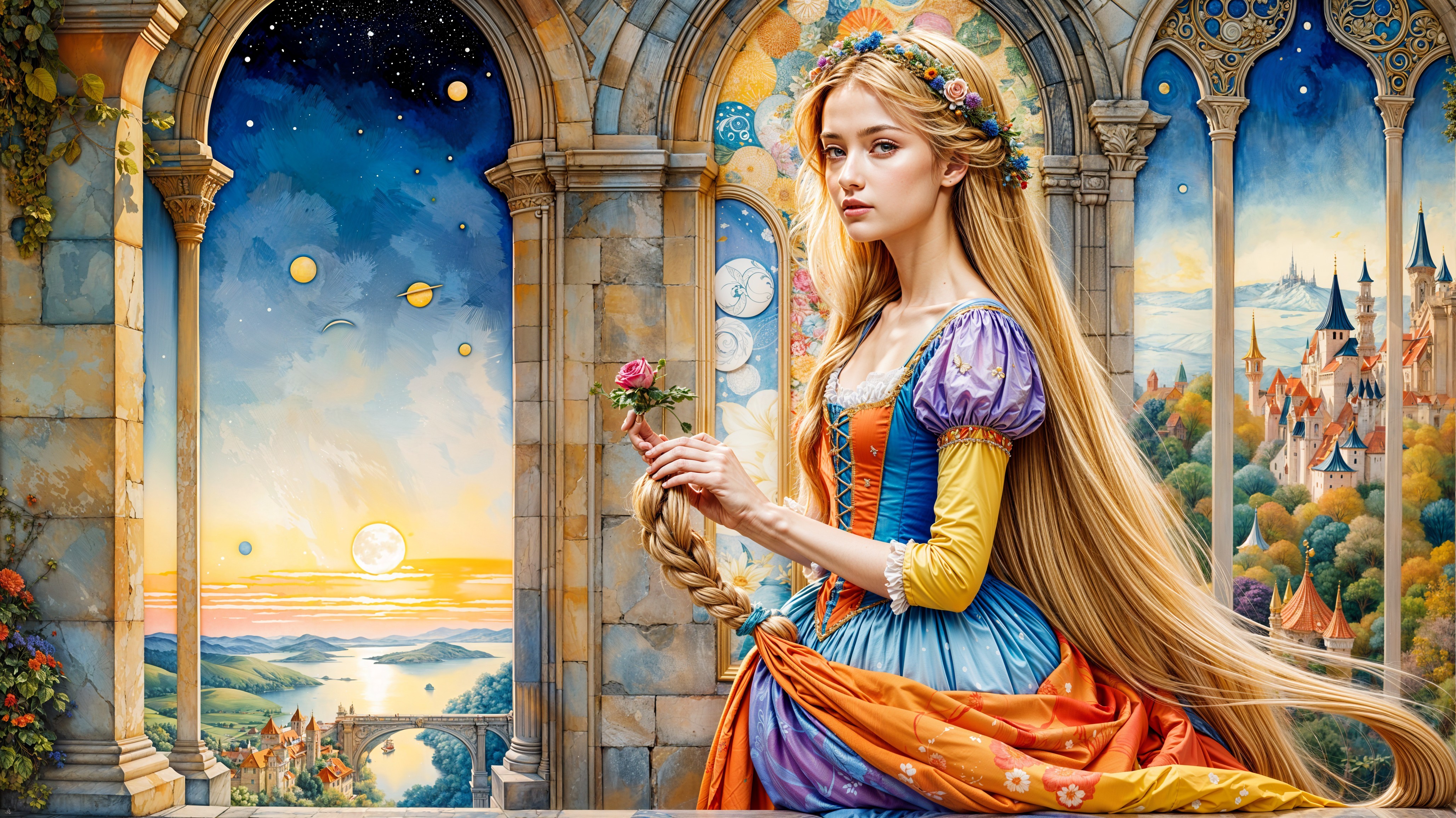 Maiden in Floral Crown Against Scenic Sunset Landscape