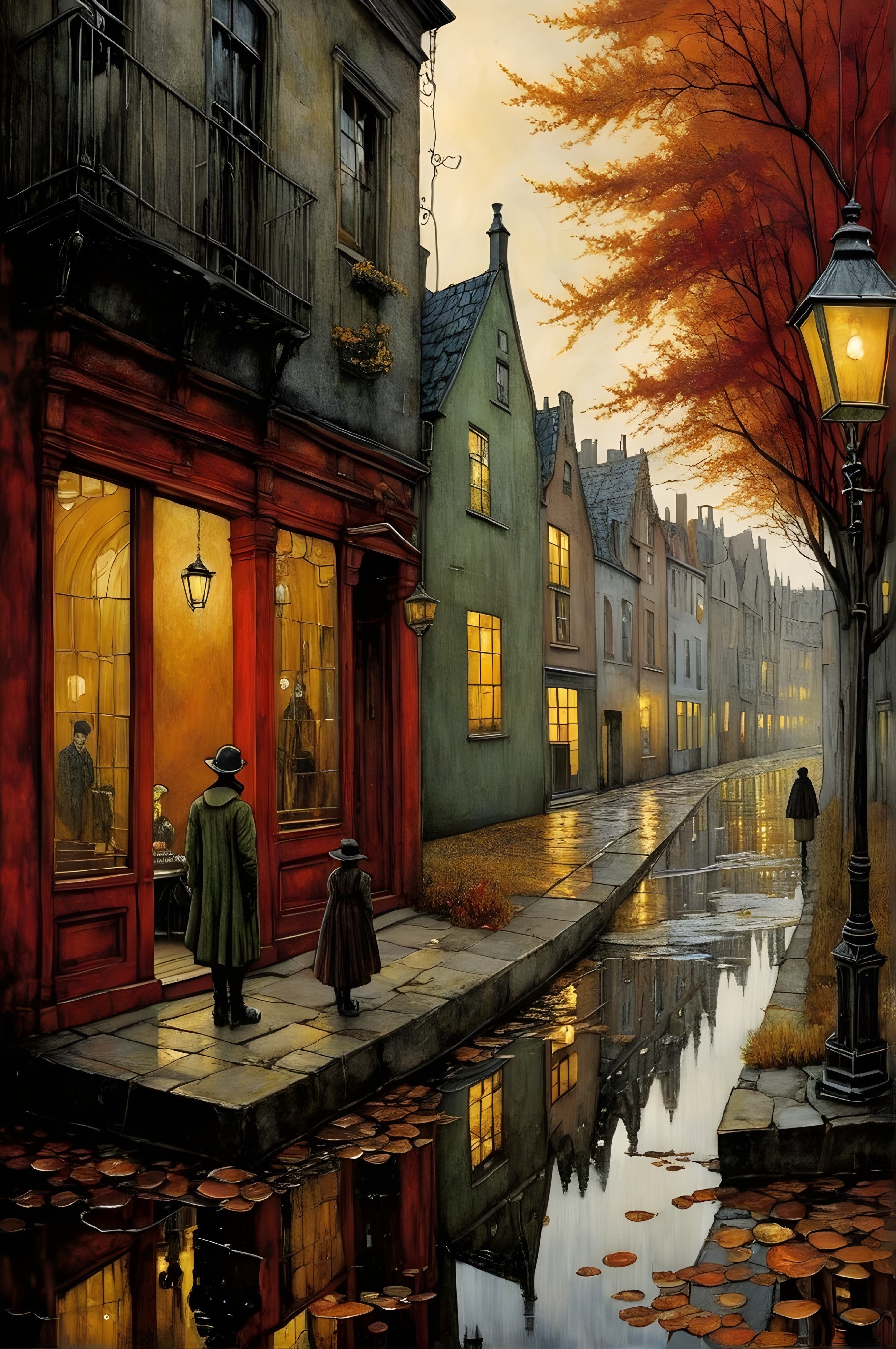 Autumn Street Scene with Warm Lights and Reflections