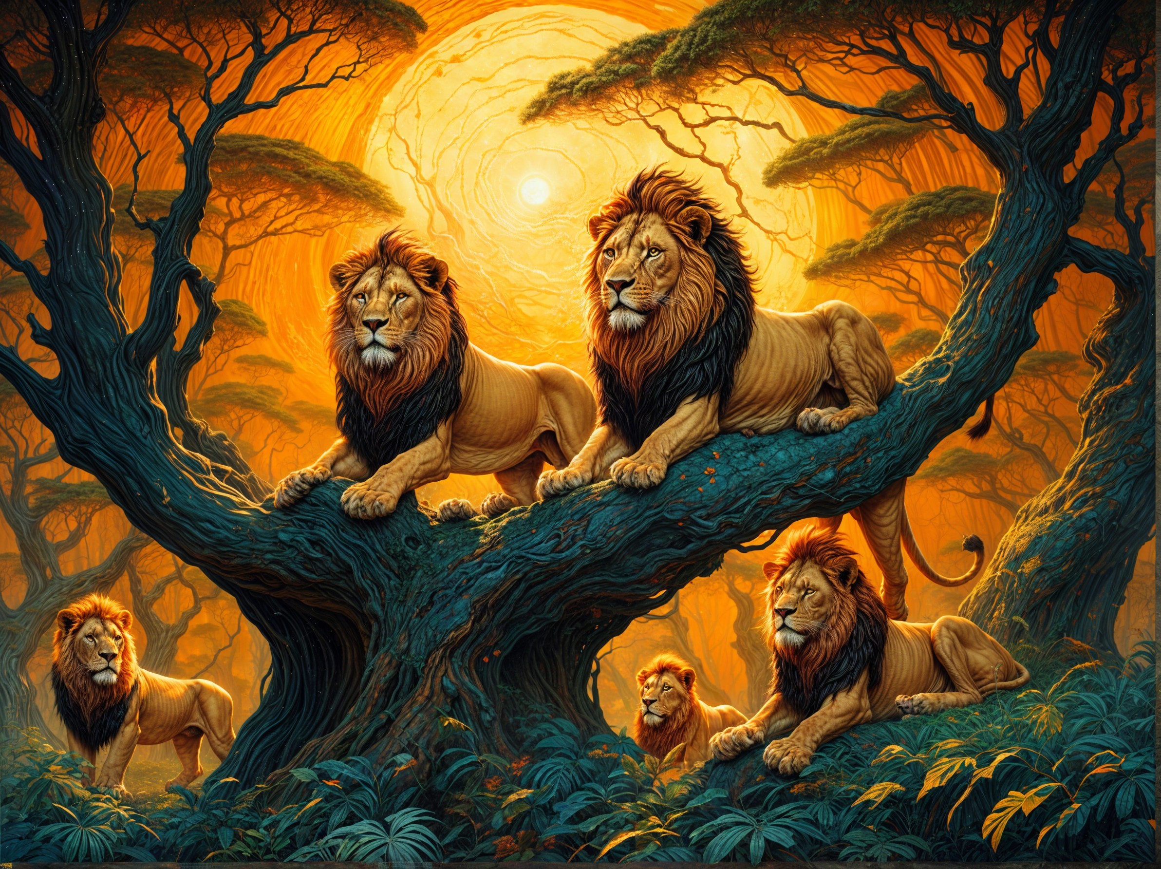 Lions Resting on a Tree in a Vibrant Sunset Landscape
