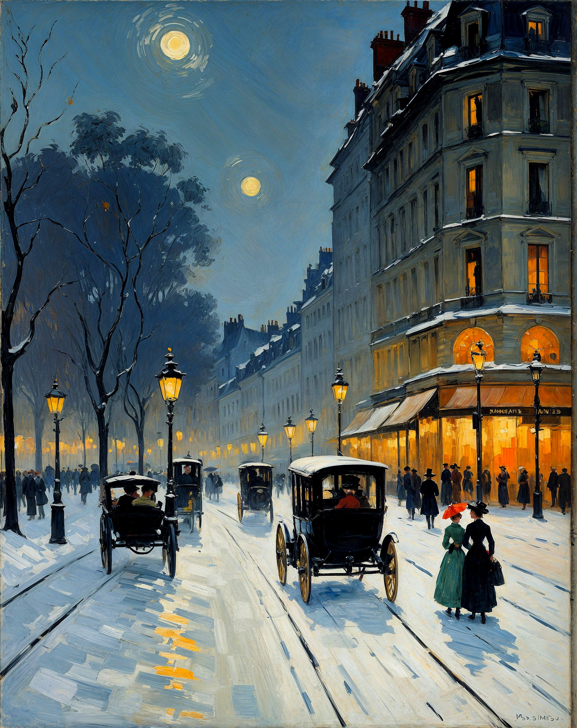 Wintry Paris Street Scene with Snow and Street Lamps
