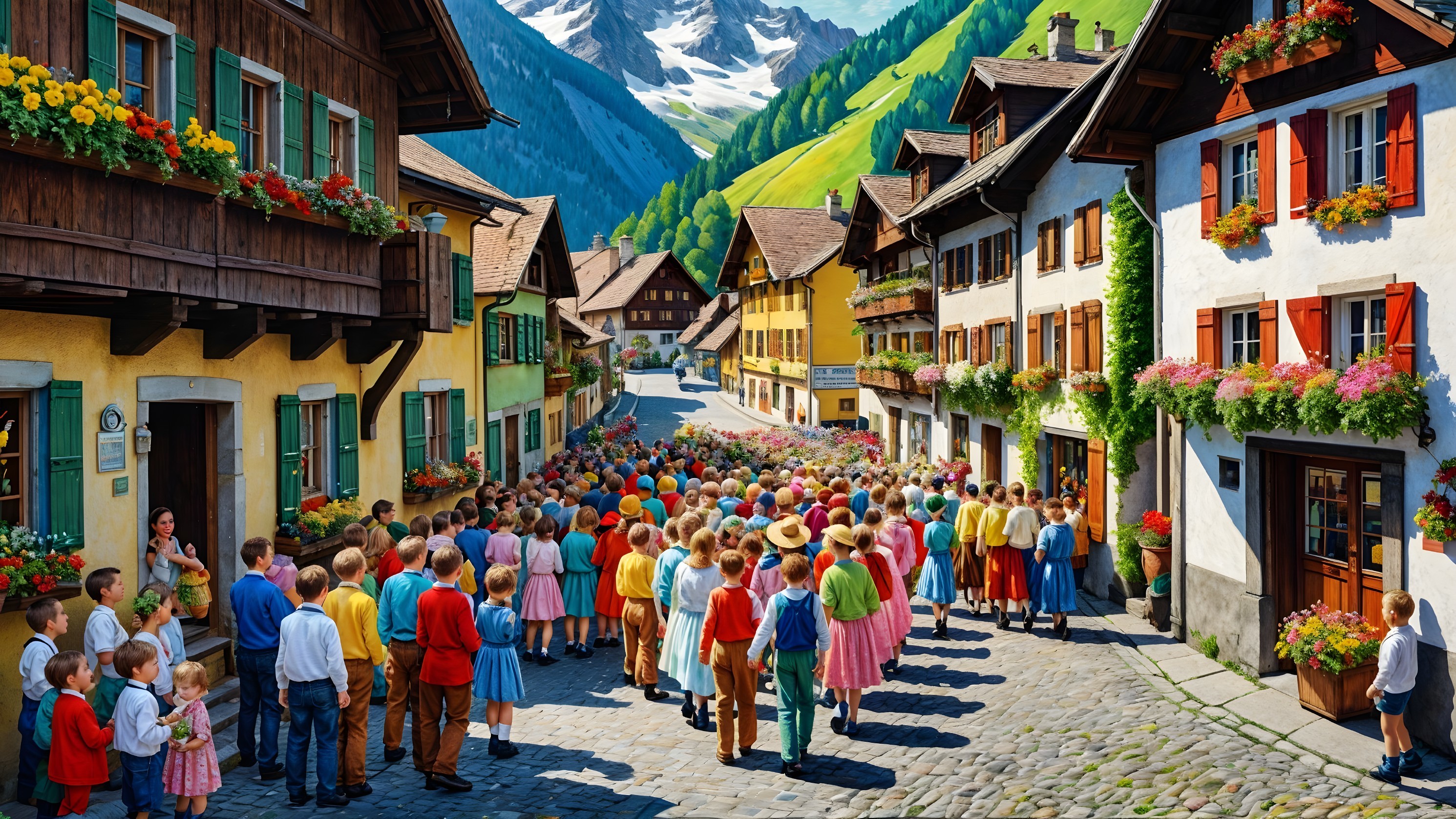 Alpine Village Celebration with Colorful Houses and Flowers