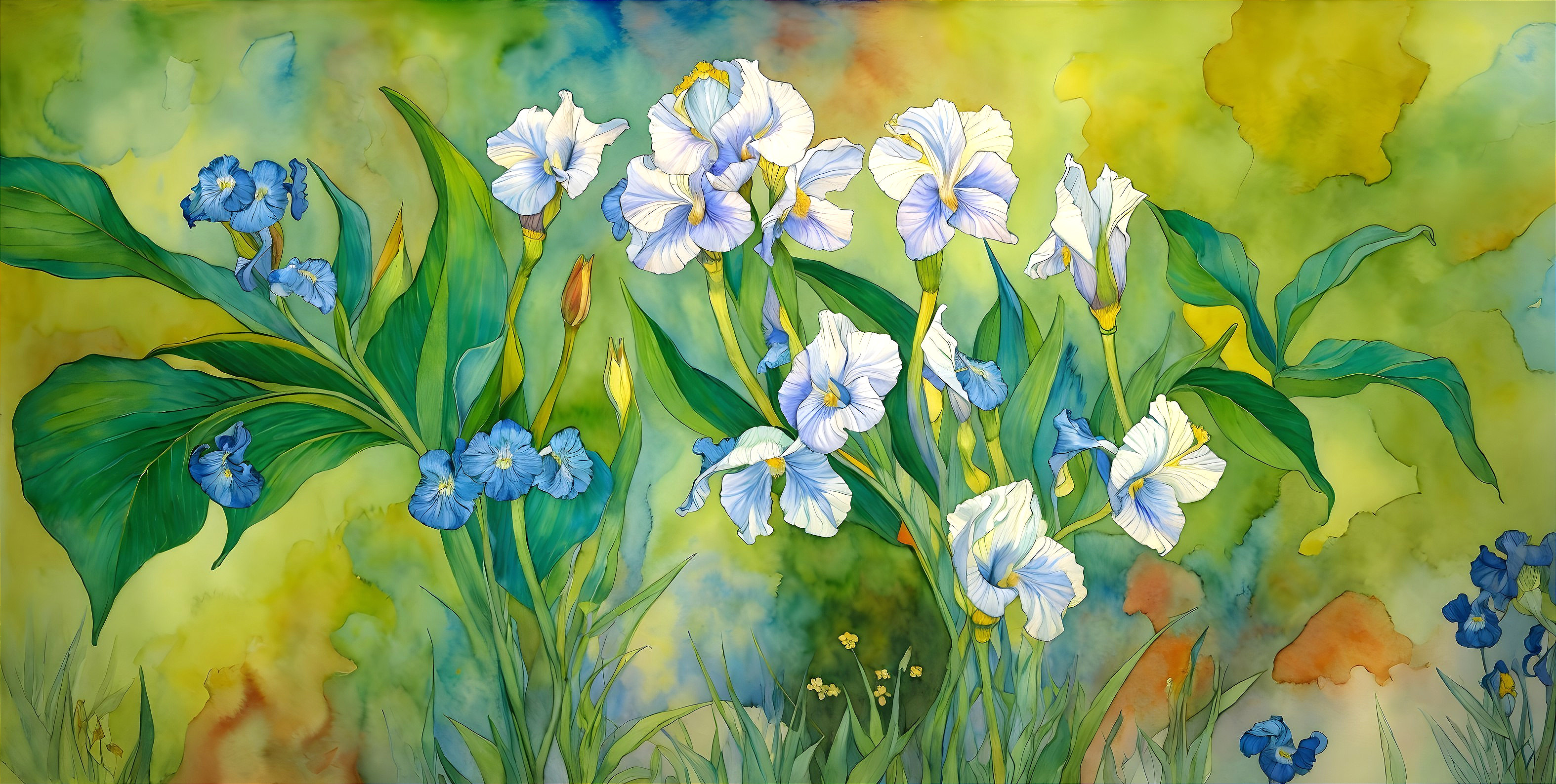 Watercolor Painting of Blooming Irises and Green Leaves