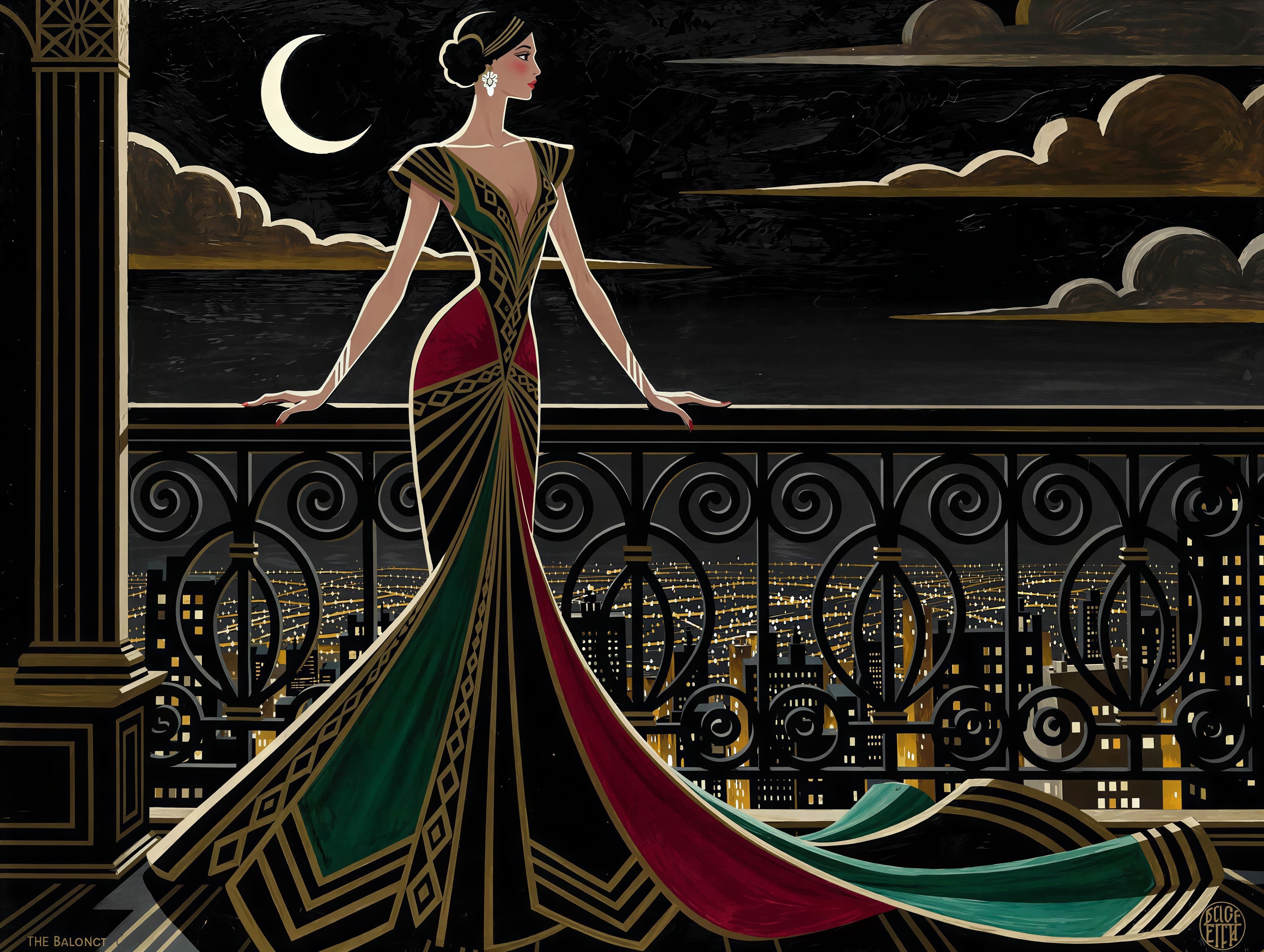 Art Deco Illustration of Woman in Gown at Night