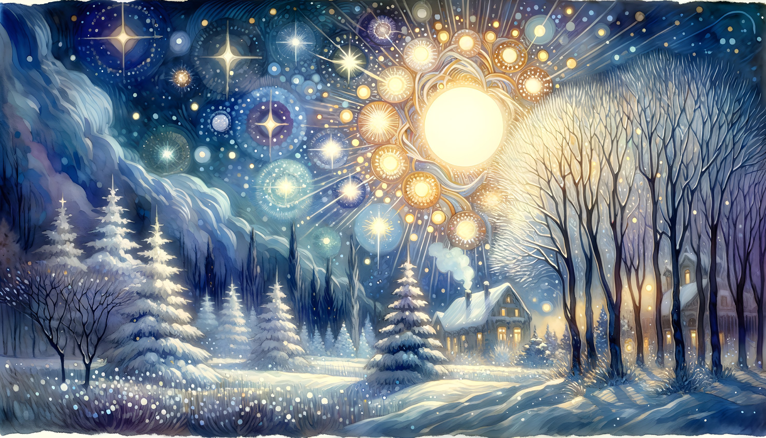 Snowy winter night with star-filled sky and cozy cottage