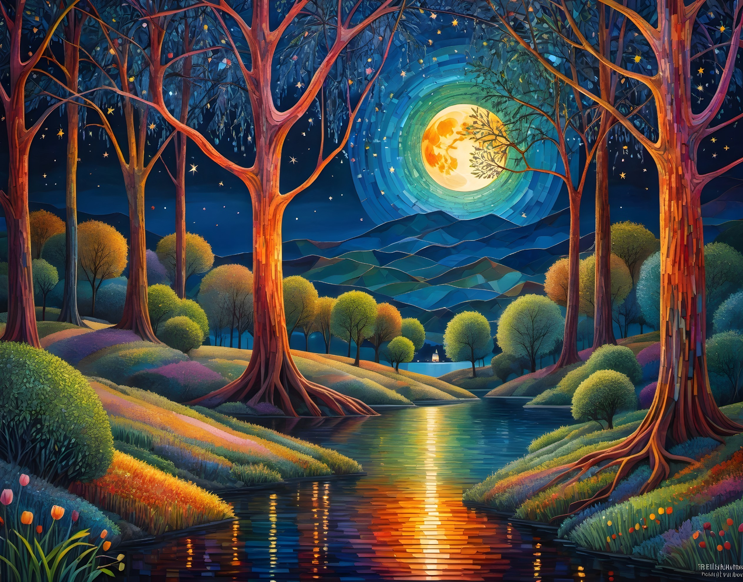 Vibrant Dreamlike Night Landscape with Trees and River