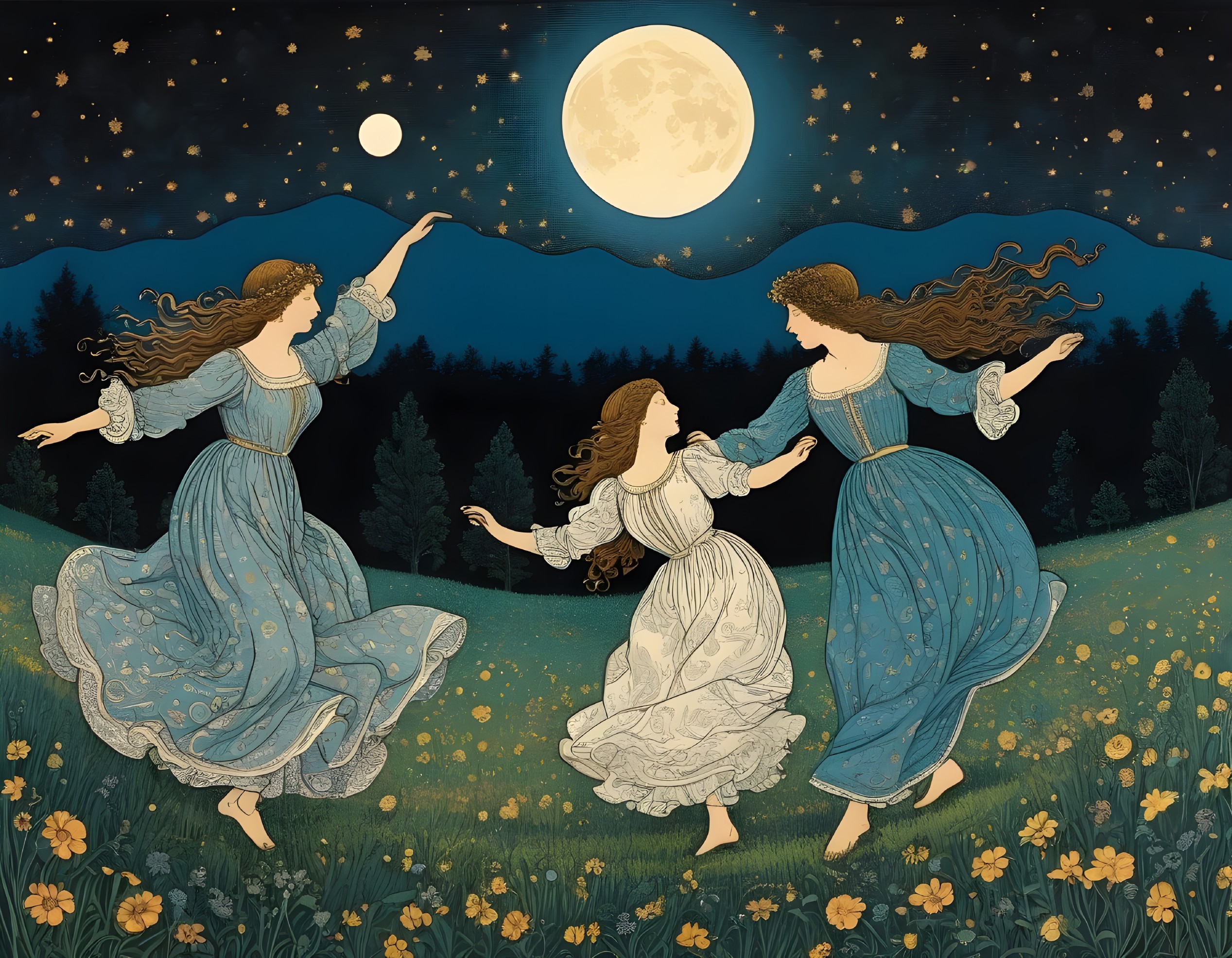 Three figures dancing in a moonlit meadow scene