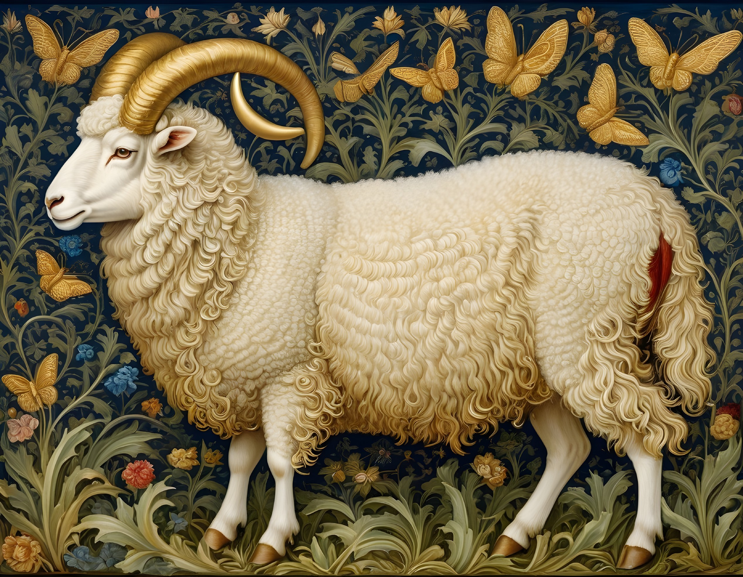 Detailed Ram Illustration with Golden Flowers on Blue Background