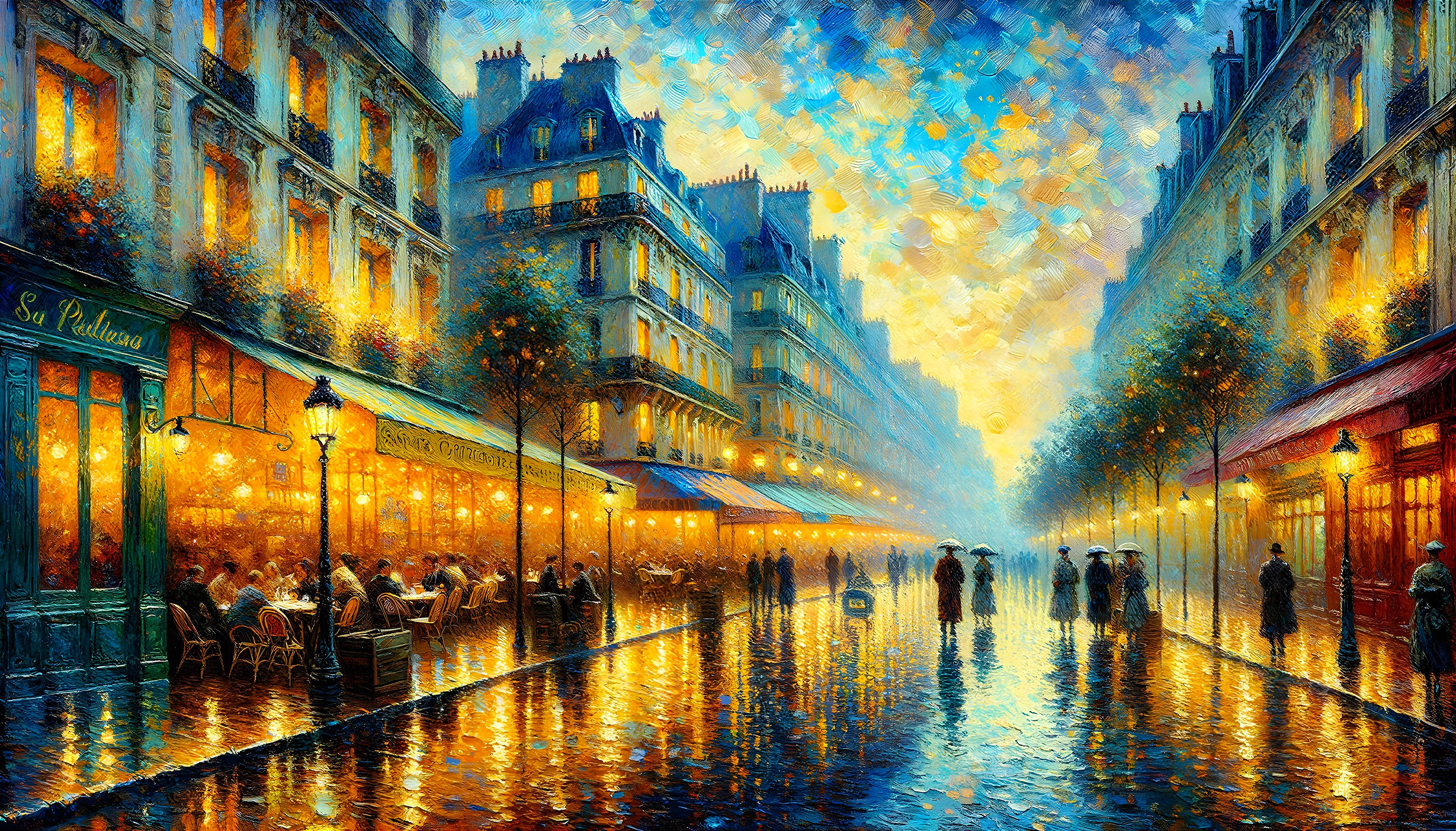 Vibrant Dusk Street Scene with Rain-Soaked Pavement