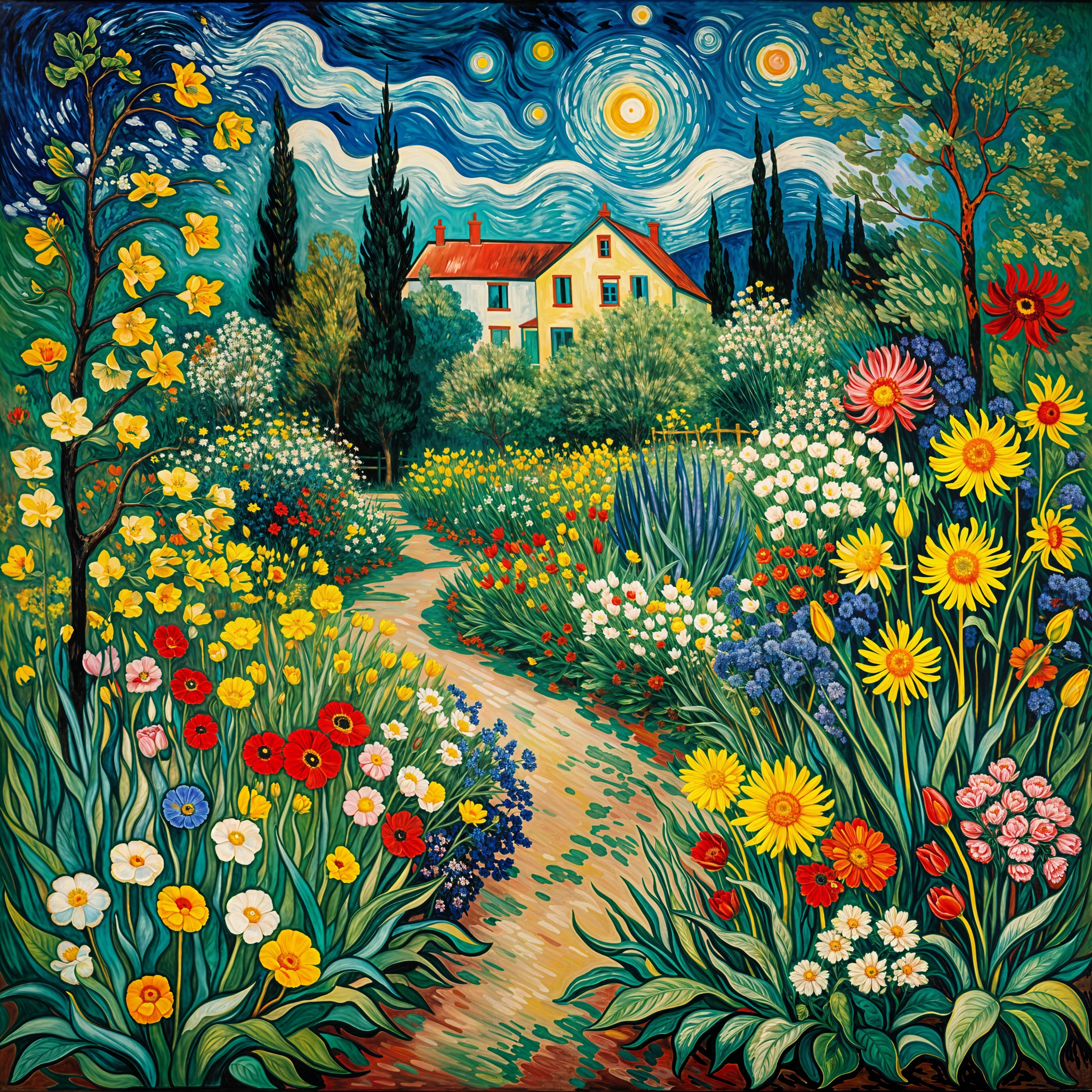 Vibrant Garden with Colorful Flowers and Charming House