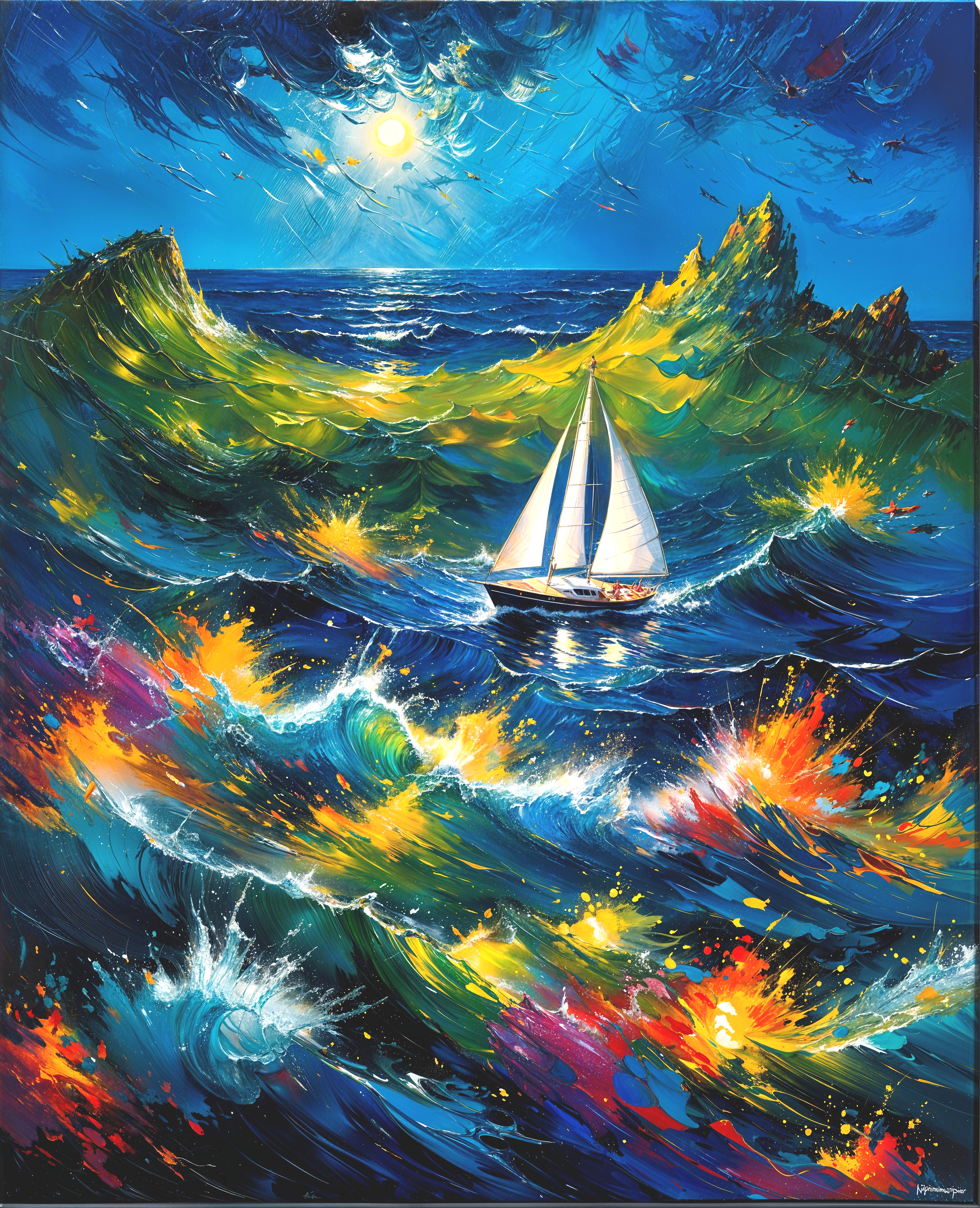 Vibrant Seascape with Sailboat and Dramatic Waves