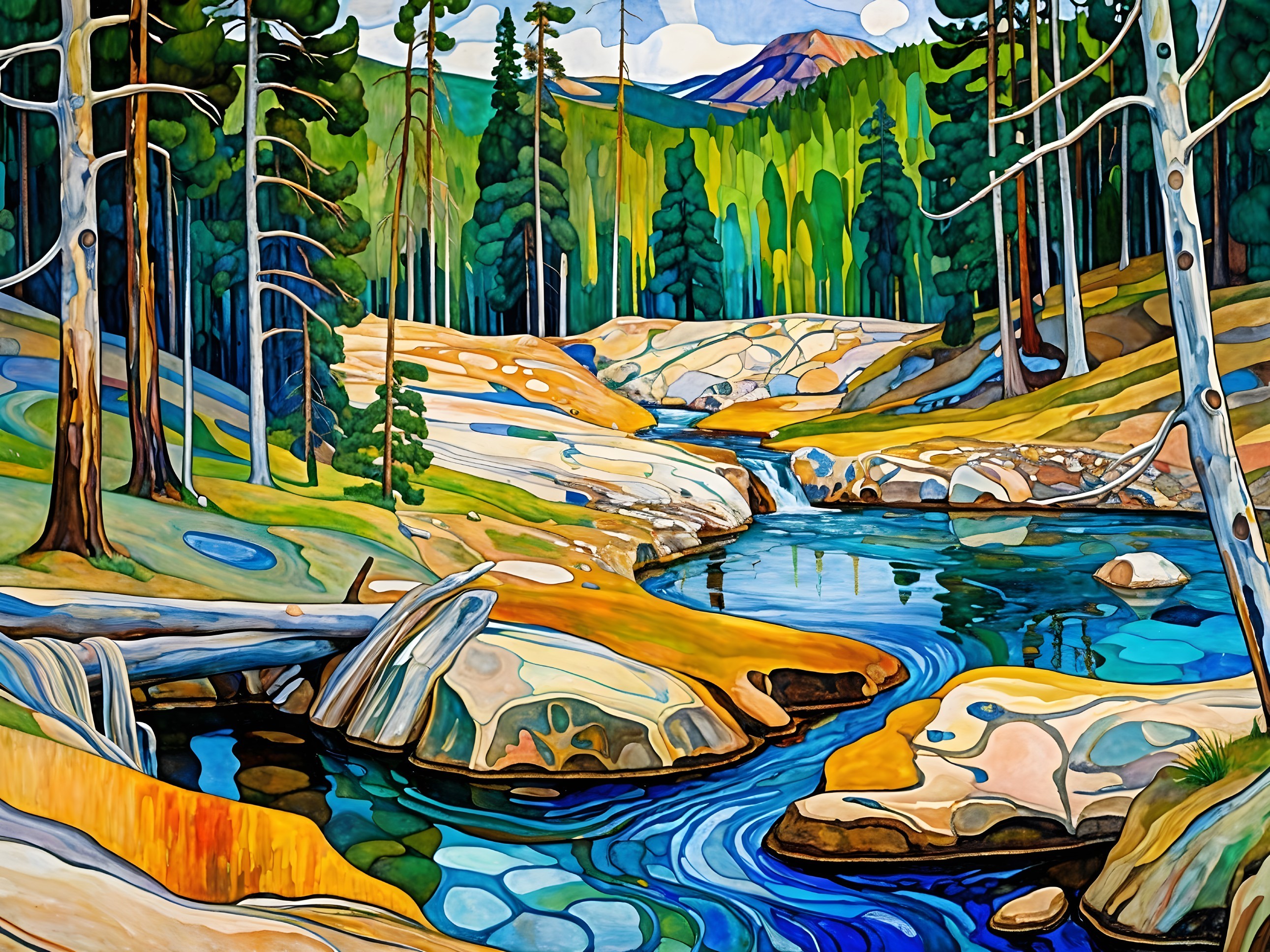 Vibrant River Landscape with Lush Greenery and Stones