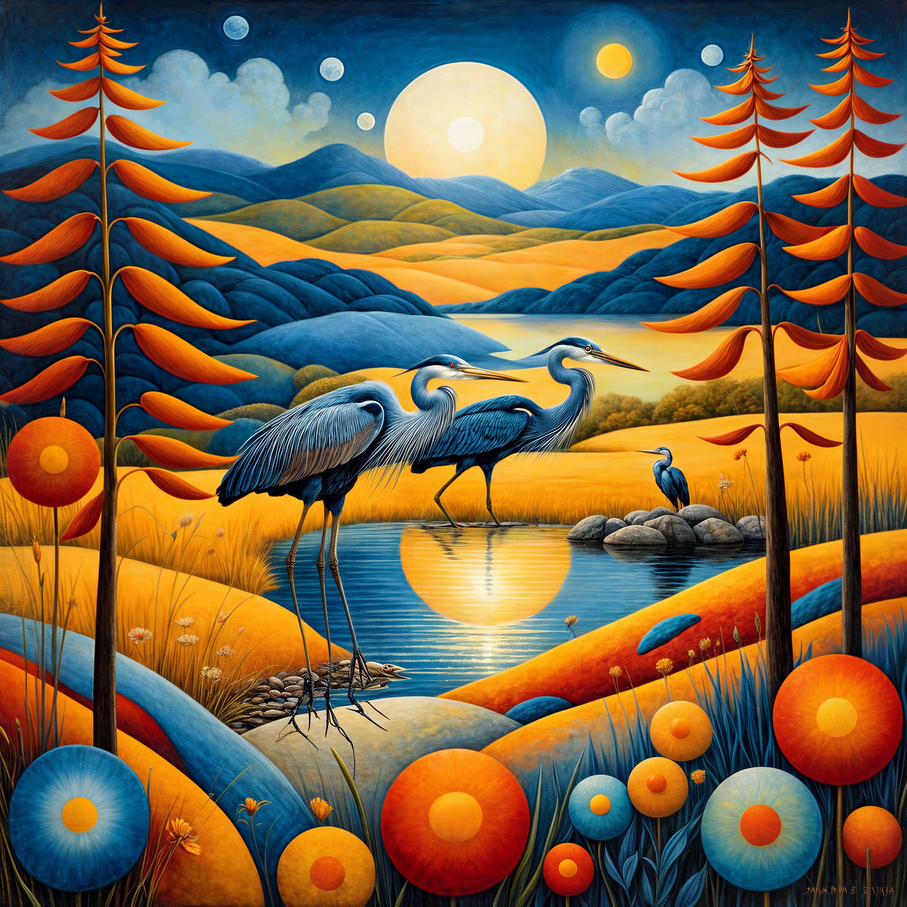 Herons by a Serene Lake in a Vibrant Landscape