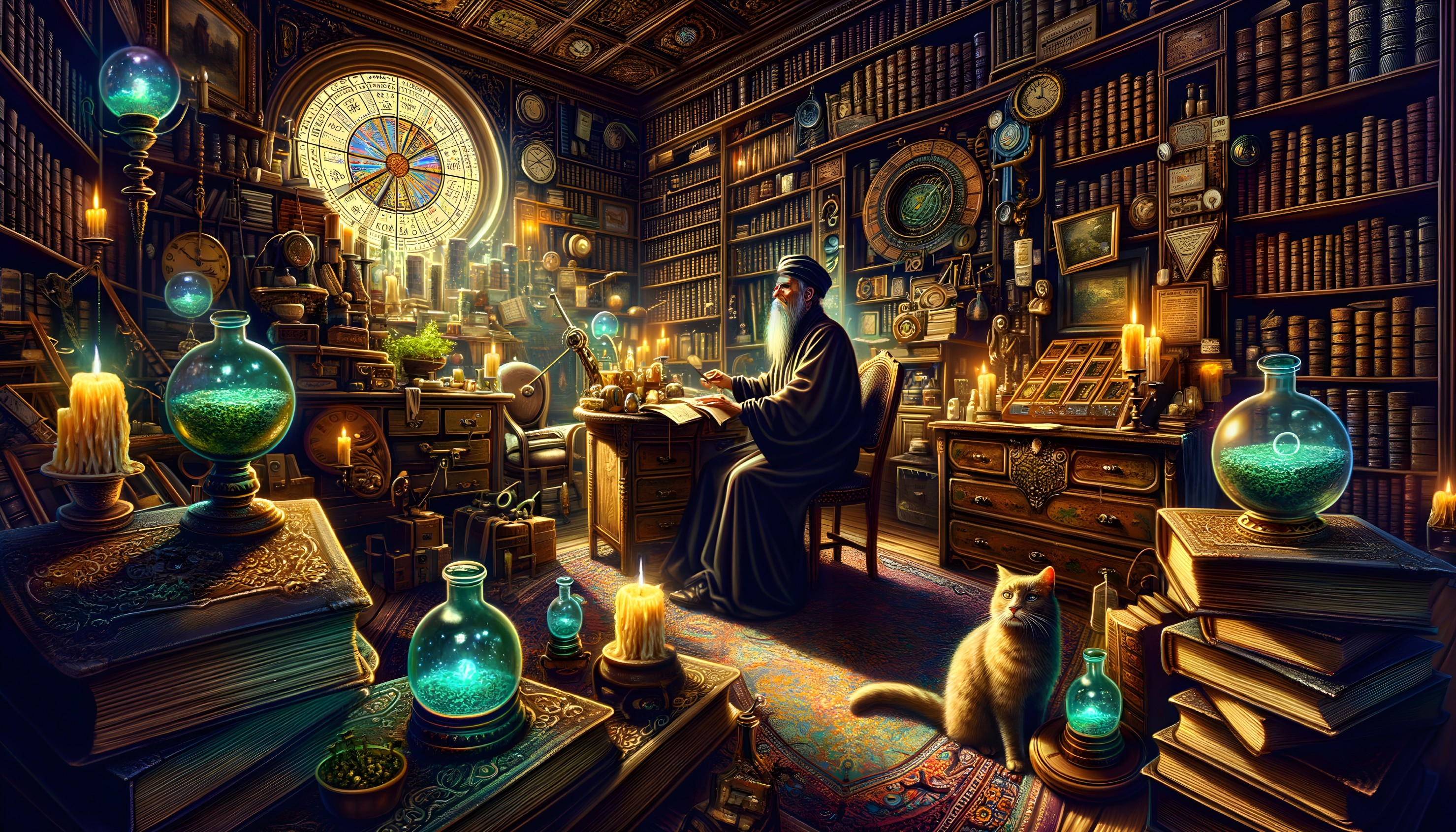 Mysterious hooded figure in magical library with glowing orbs, books, cat, and grand clock window